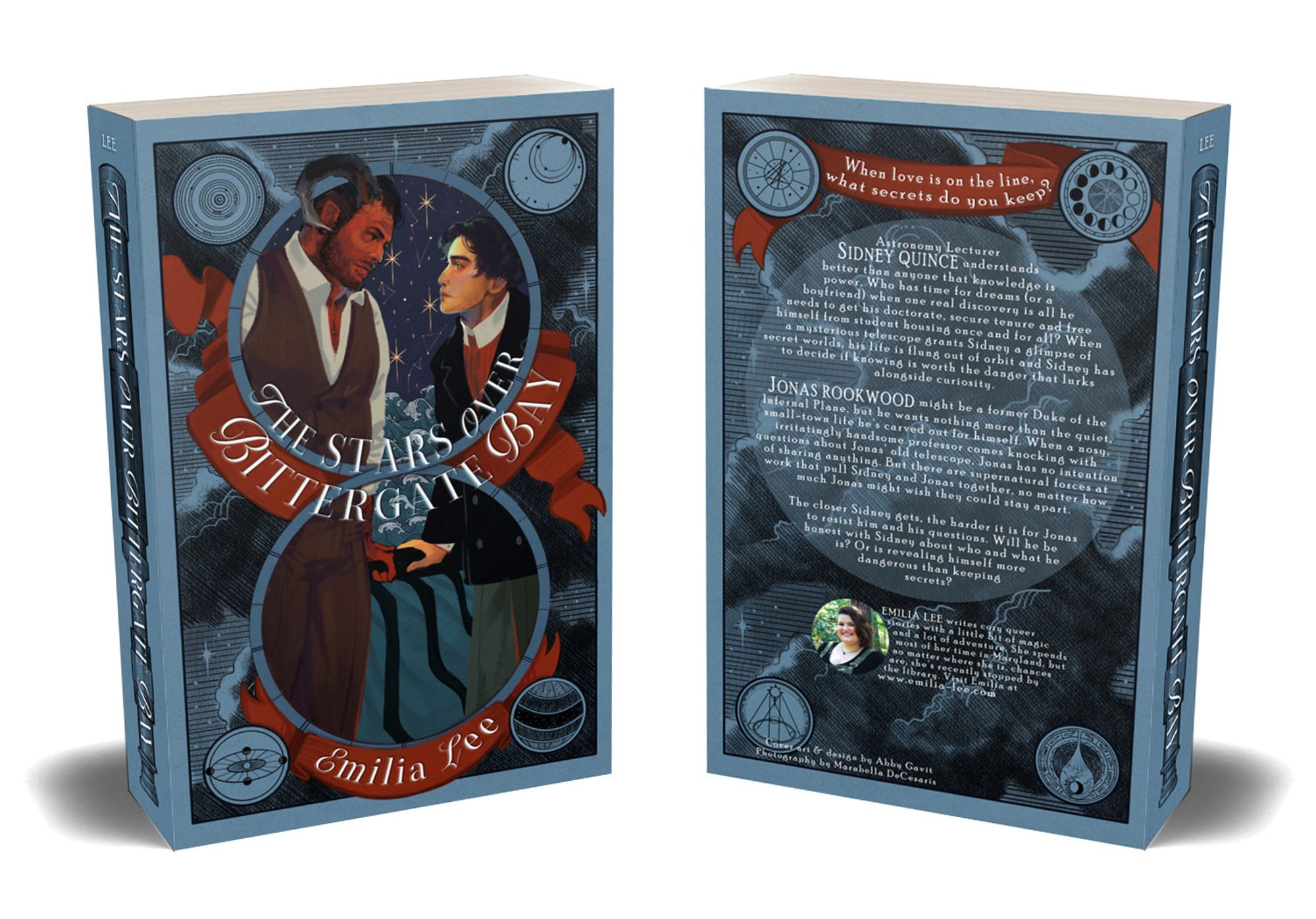 A book mockup of the front and back cover of The Stars Over Bittergate Bay by Emilia Lee. See following image for detailed description.