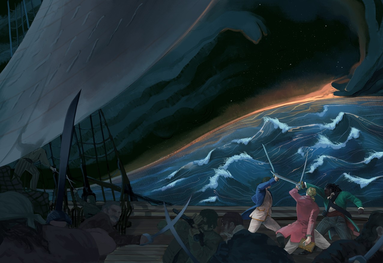 A painting of a ship. A heated swordfight is taking place. Three main figures are illuminated against a rolling sea. The sun is rising, while a hand shaped cloud beckons down toward the horizon line.