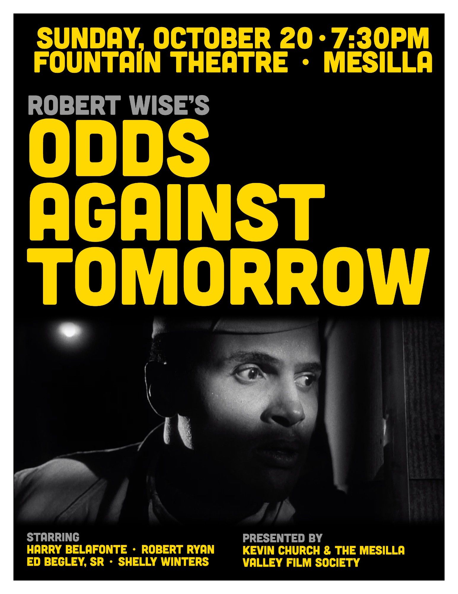 A flyer promoting the October 20, 2024 screening of ODDS AGAINST TOMORROW at the Fountain Theatre in Mesilla, NM.