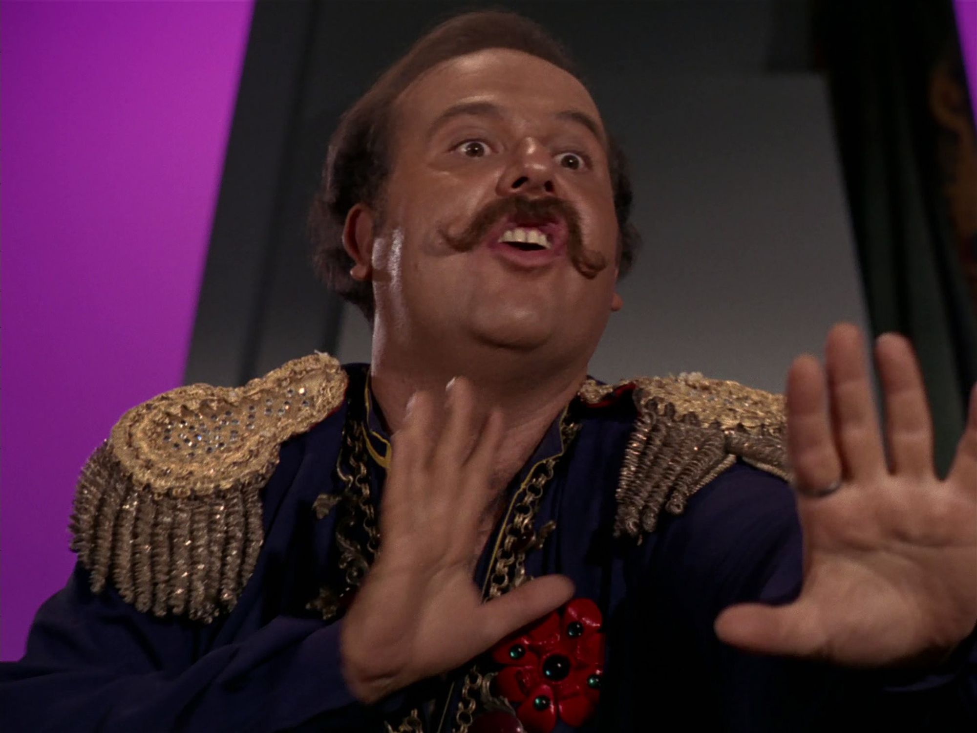 STAR TREK Screencap: Harry Mudd, pushing back on an idea.