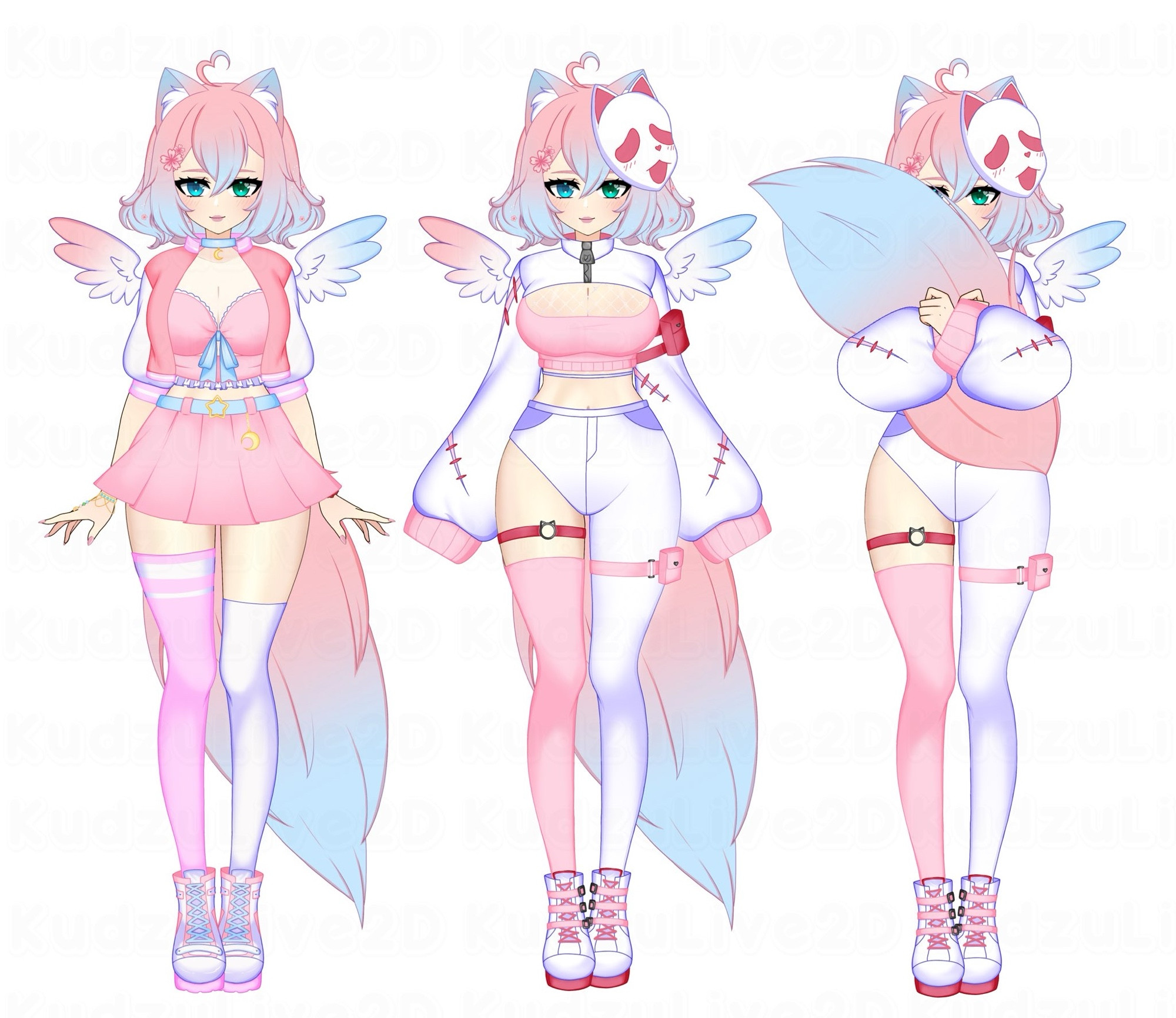 A character sheet of a humanoid fox girl with pale skin,a large fluffy tail and ears that are small and triangular like a cat’s with white inner ear floof. Her hair is peachy pink color that fades into a cotton candy blue.
She’s shown wearing two outfits. The first is a pair of mismatched thigh highs the left pink and the right white. With high top sneakers in white, pink and blue. She has a pleated pink mini skirt with a blue belt and a cropped pink corset top with white frills around the openings and a blue ribbon on the bust. The outfit is finished off with a cropped pink and white letterman’s jacket. 

The second outfit is a Halloween costume in which she’s dressed like a white and pink pink version of scream from the scream movie franchise. A white and pink scream mask on the side of her head, a hot pink cropped top, and white pants are part of this costume. As well as a cropped white sweater that covers the upper chest and the arms.