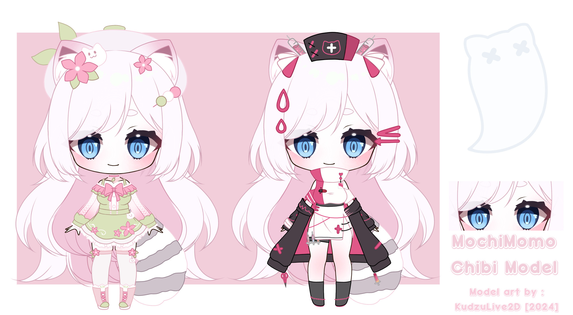 A chibi model character sheet of a pale humanoid albino raccoon girl. She has long pale pink hair and blue eyes. As well as a large fluffy grey and white raccoon tail. She is shown in two outfits. 
The first outfit is a short green dress adorned with pink and white frills and ribbons as well as a small cat shaped mascot. She has a pale pink beret with green leafs and thigh high socks as well.
The second outfit is a Halloween costume in which she is dressed like a nurse. She has a pink and black nurses hat, syringe hair accessories, and a sleek nurses dress with slits up the sides. The dress has a collar that comes up over the face. And she is wearing an oversized black and pink off the shoulder jacket,