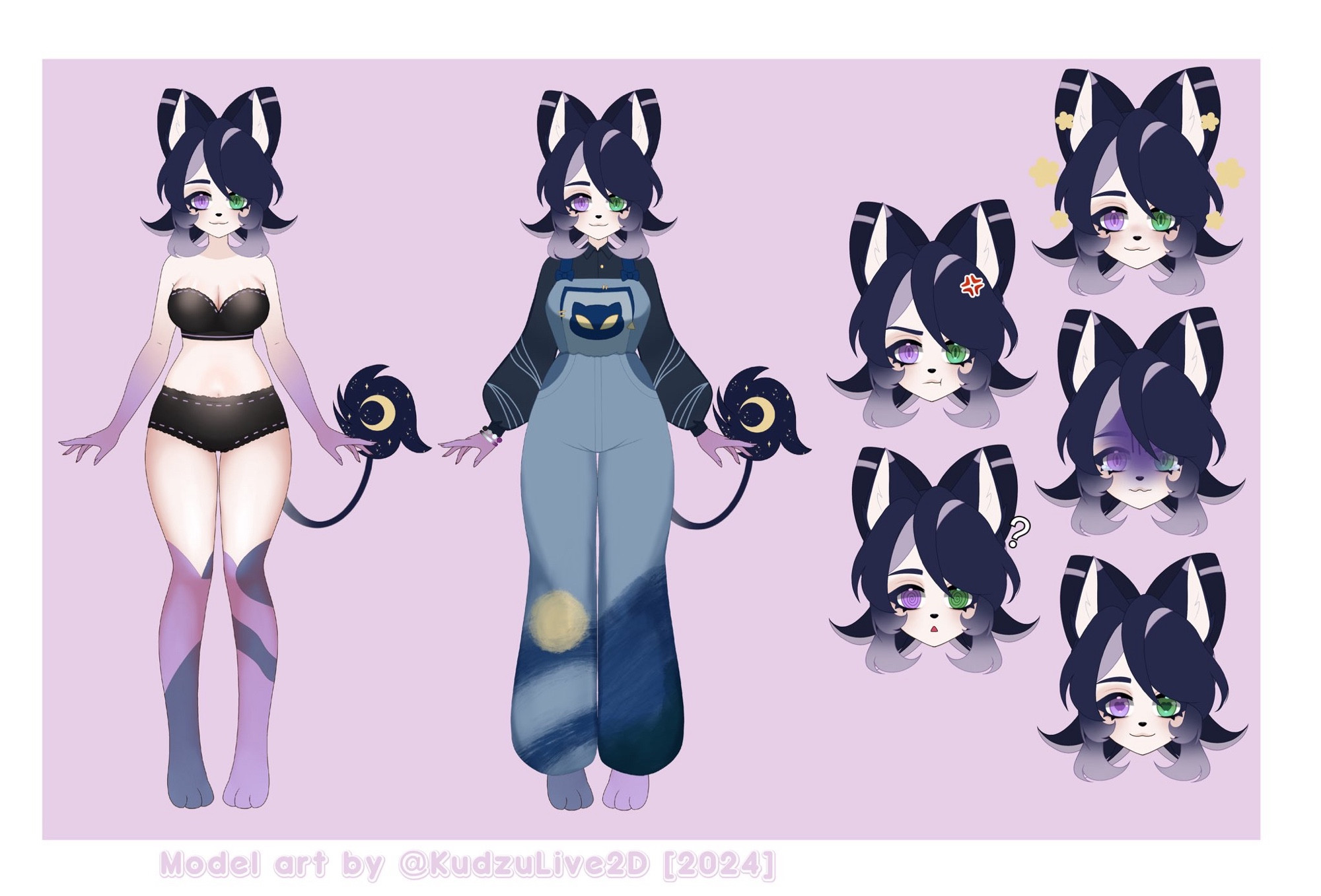 A character sheet of a humanoid fox with a fluffy tail colored like the cosmos. Her hair is a deep navy blue with stripes of dusty purple. Her arms fade from a pale skin tone to purple and her legs are covered in purple and blue fur from the knee down. They wear overalls with a painted sunset on the pant legs and a long sleeved dark blue shirt under neath. Their hair is in an updo that looks similar to a bow. They have different colored eyes with the right side eye being a bright green and the eye on the left a glossy purple.