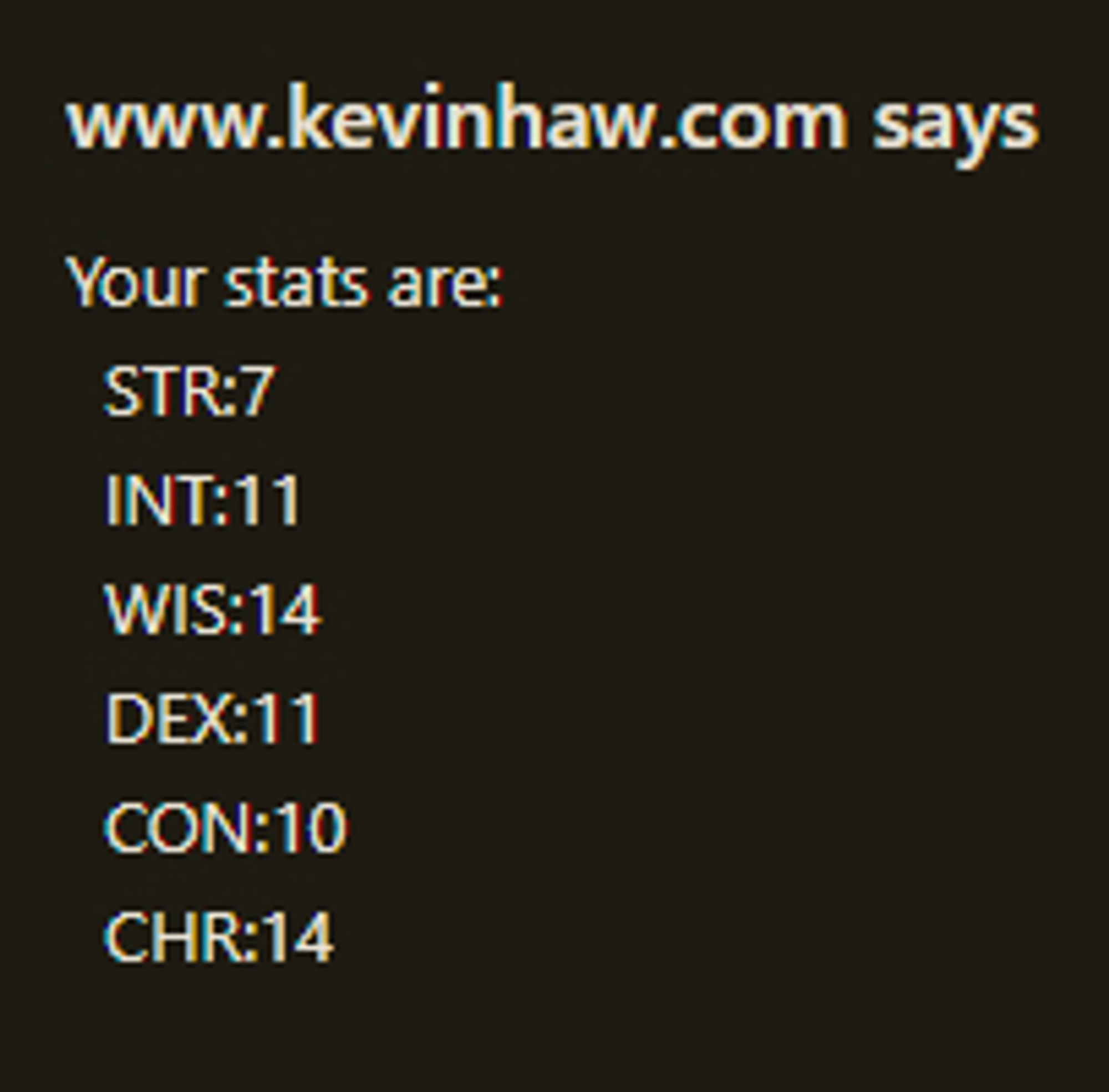 D&D stat quiz results from www.kevinhaw.com