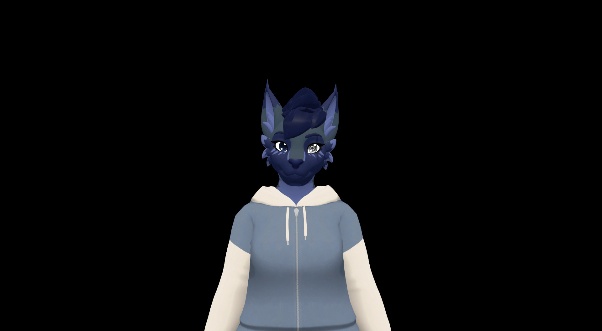 VTuber model of Nihfya, representing a blue jackal anthro character with a hoodie