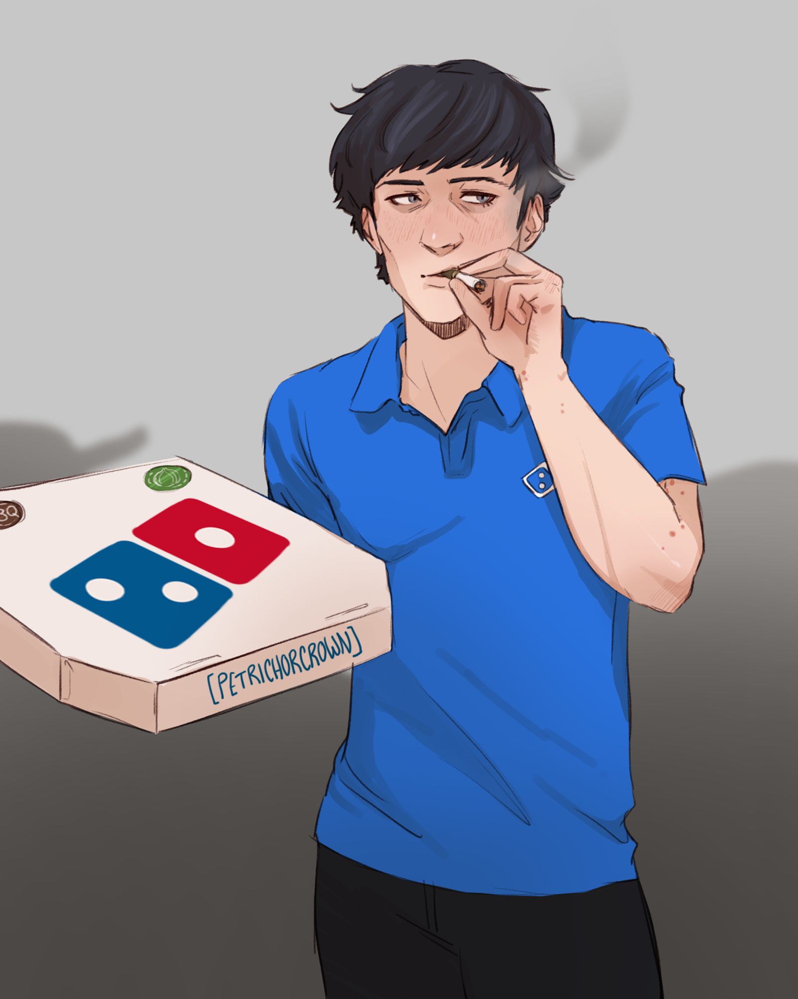 Levi from Fear and Hunger smokes while holding a Dominos pizza box while wearing the Dominos uniform