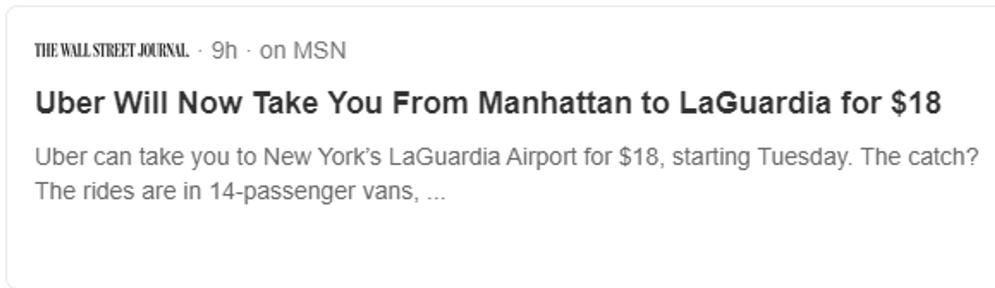 Uber Will Now Take You From Manhattan to LaGuardia for $18
Uber can take you to New York’s LaGuardia Airport for $18, starting Tuesday. The catch? The rides are in 14-passenger vans, ...