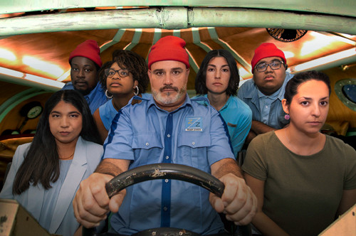 Lab group photo in the style of the Wes Anderson film "The Life Aquatic".