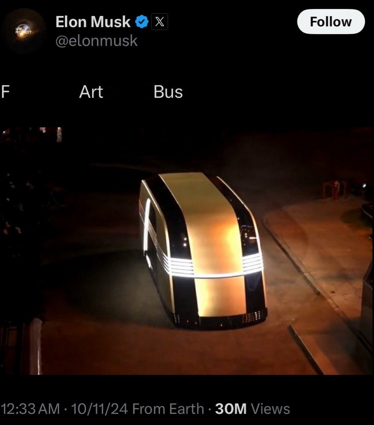 Tweet from Elon Musk showing off his "futuristic Art Deco Bus" with the text edited to say "Fart Bus"