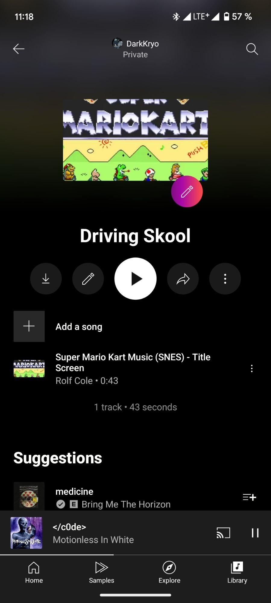 Screenshot from the YouTube-Music Android app.
The current screen displays a Playlist editor, editing a playlist called "Driving Skool".
There is one song in the playlist. It's the Title theme from the SNES game "Super Mario Kart"