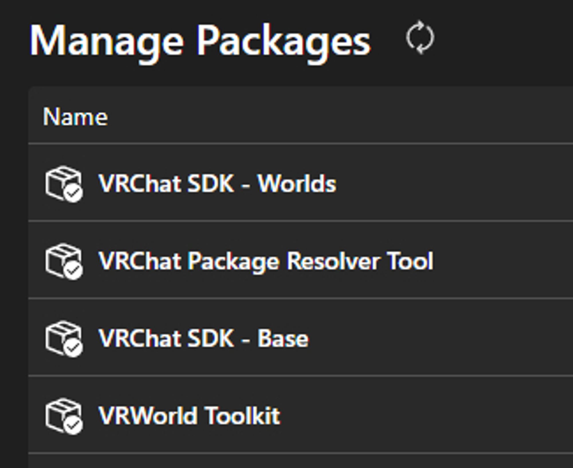 Showing the VRChat Creator Companion packages:
1. VRChat SDK - Worlds
2. VRChat Package Resolver Tool
3. VRChat SDK - Base
4. VRWorld Toolkit