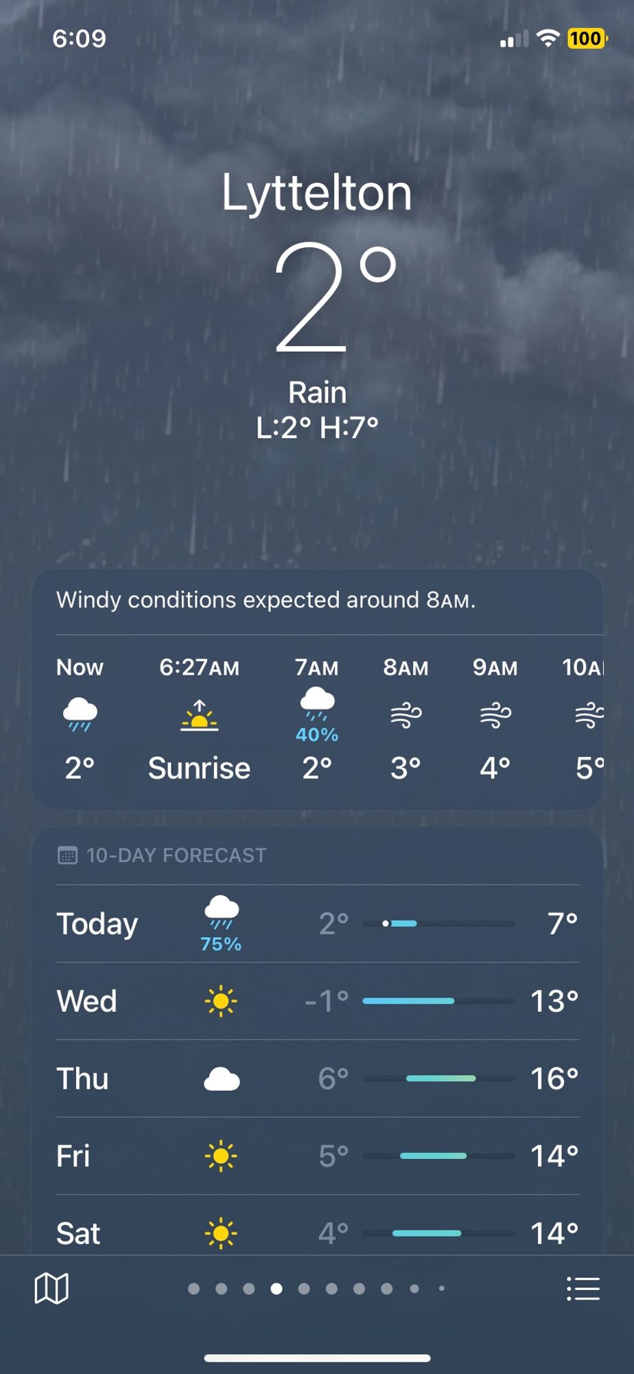 Screenshot of Lyttelton weather. 2 degrees & rain. This is the correct weather