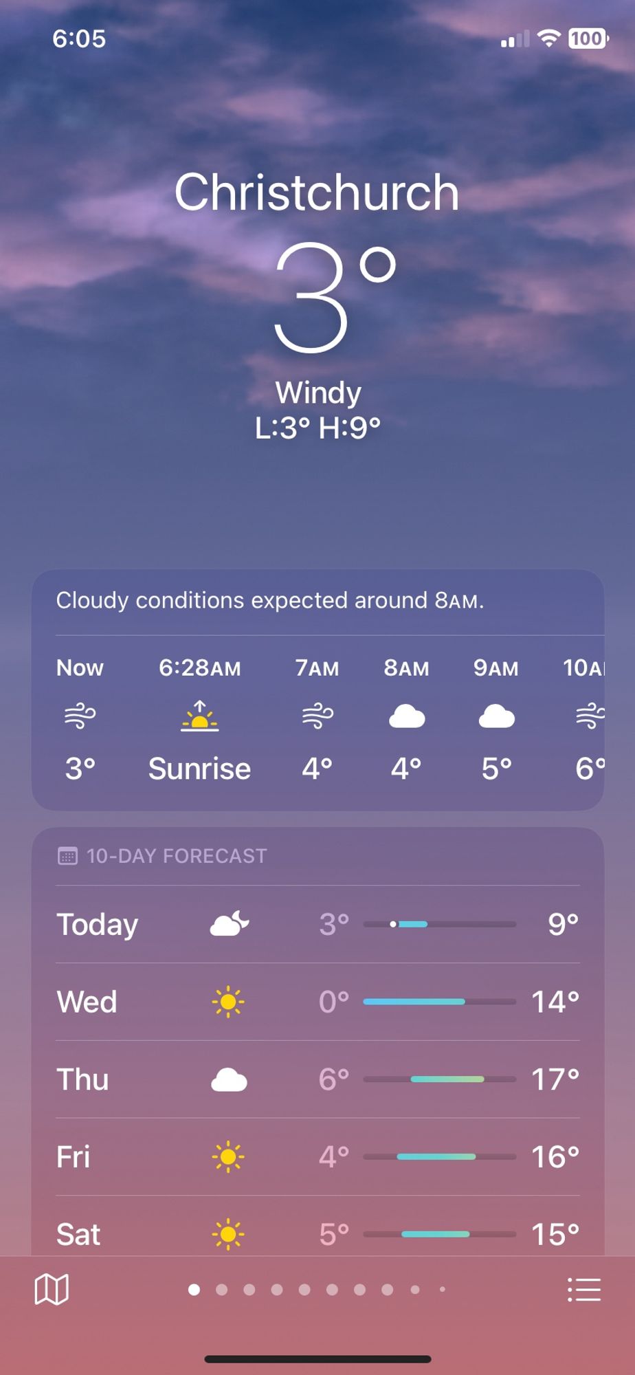 Screenshot of the weather app for Ōtautahi. It’s so incorrect it’s not funny. Pouring with rain & windy & there is snow falling in surrounding areas. Screenshot shows temperature at 3 degrees & windy. No sign of rain.