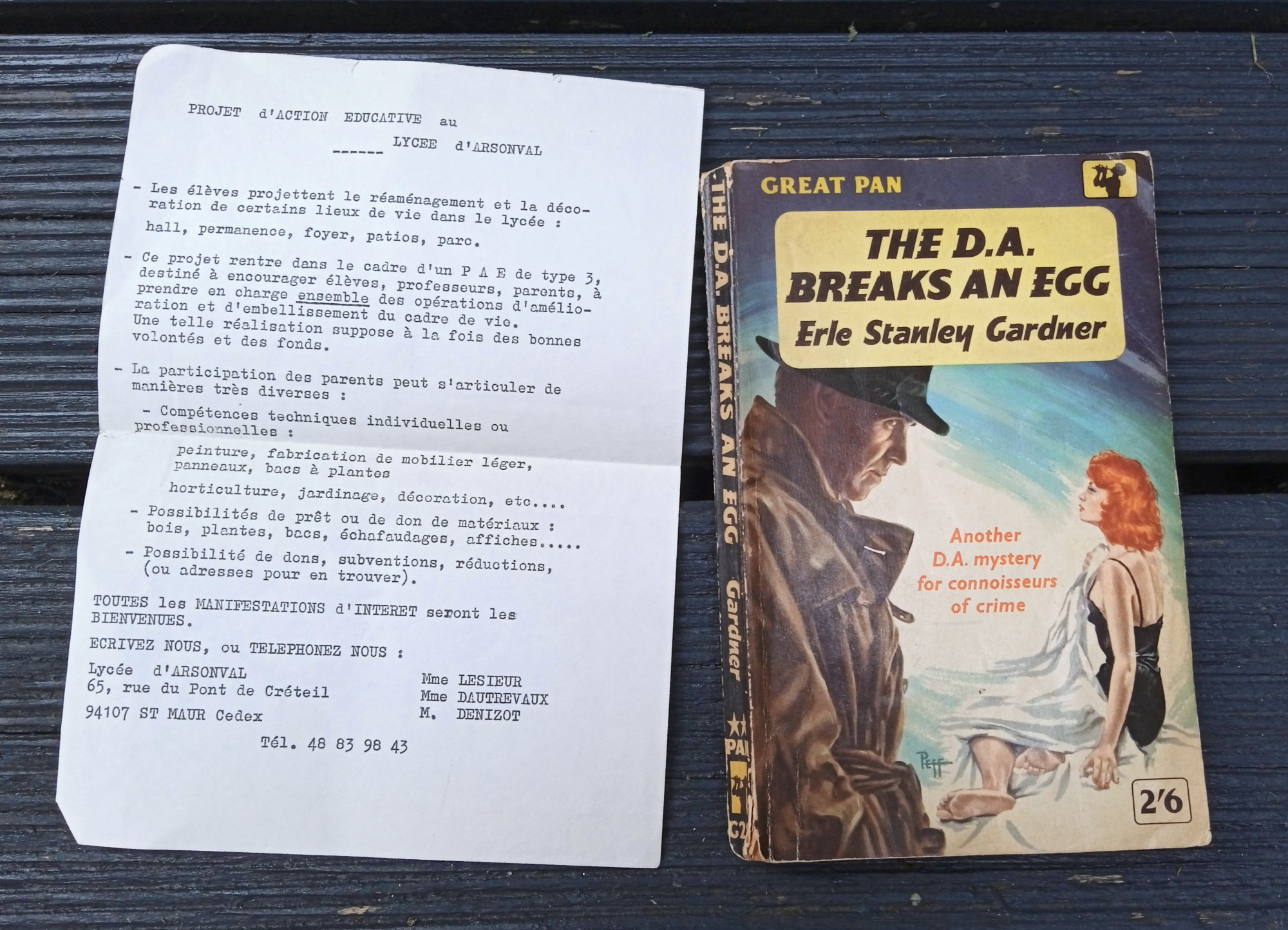 A vintage detective novel (right), and a faded typewritten school letter found inside (left).