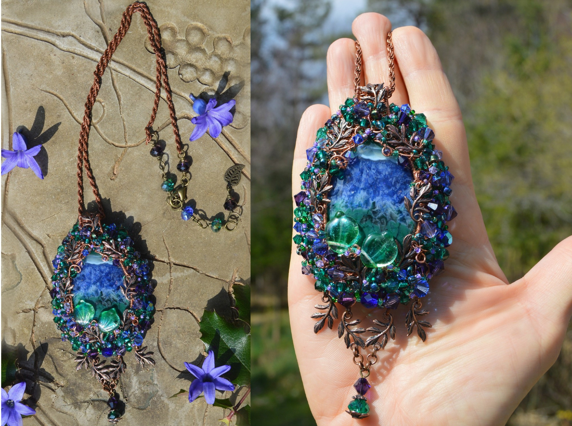 2 photos of a large and elaborate beaded pendant necklace. The central stone is blue and green, woven into a frame of copper wire and tiny leaves, crystals and beads in purples blues and greens. 2 glass leaf beads, and tiny copper ferns are woven through the wire. The left photo shows it on a weatherd stone surface, with it/s long copper chain and adjustable ending with purple and green beads. The right shows it on a hand for scale.