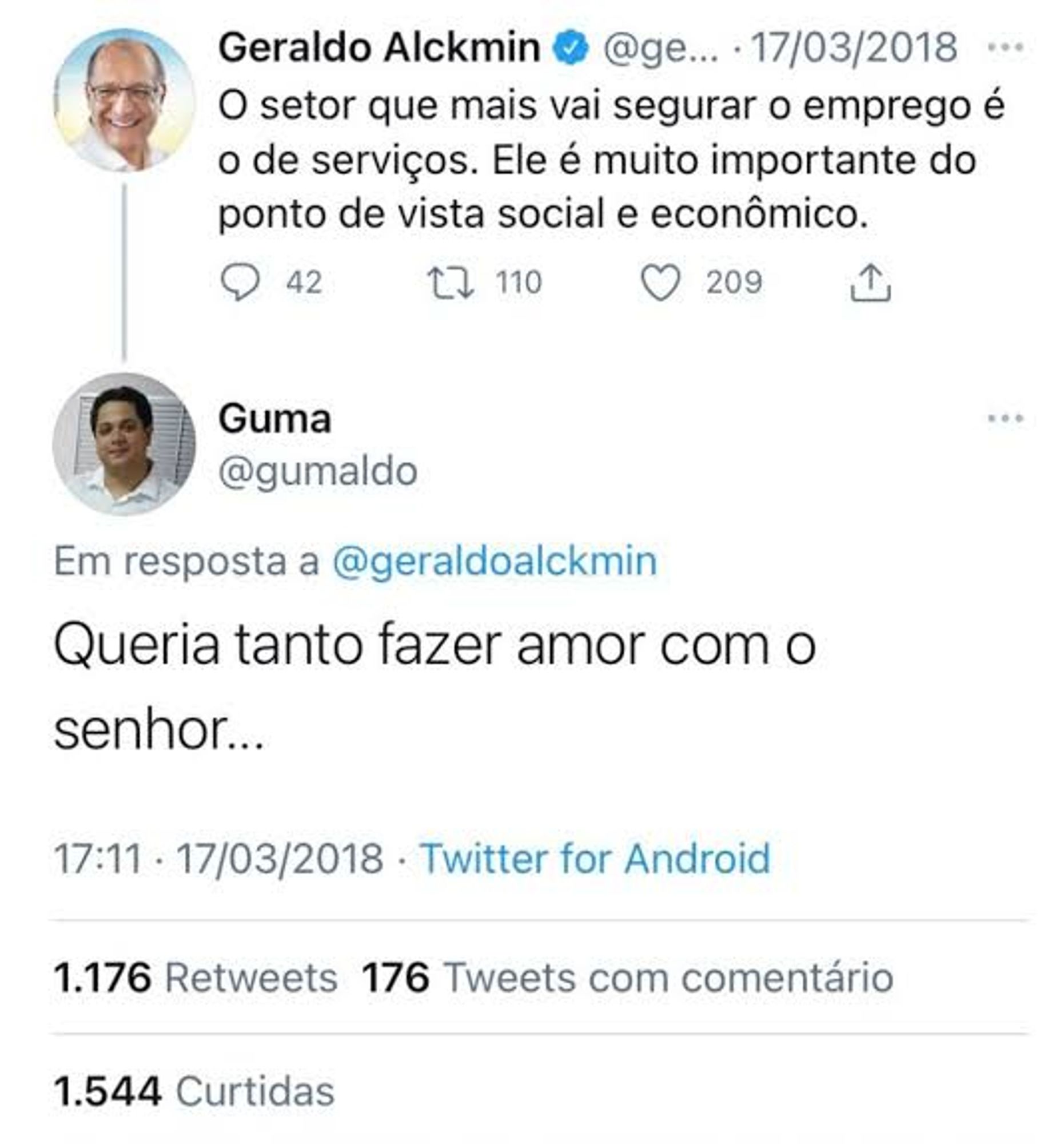 Meme do antigo Twitter. um usuário responde ao Geraldo Alckmin, então pré-candidato a presidente: "queria tanto fazer amor com o senhor"