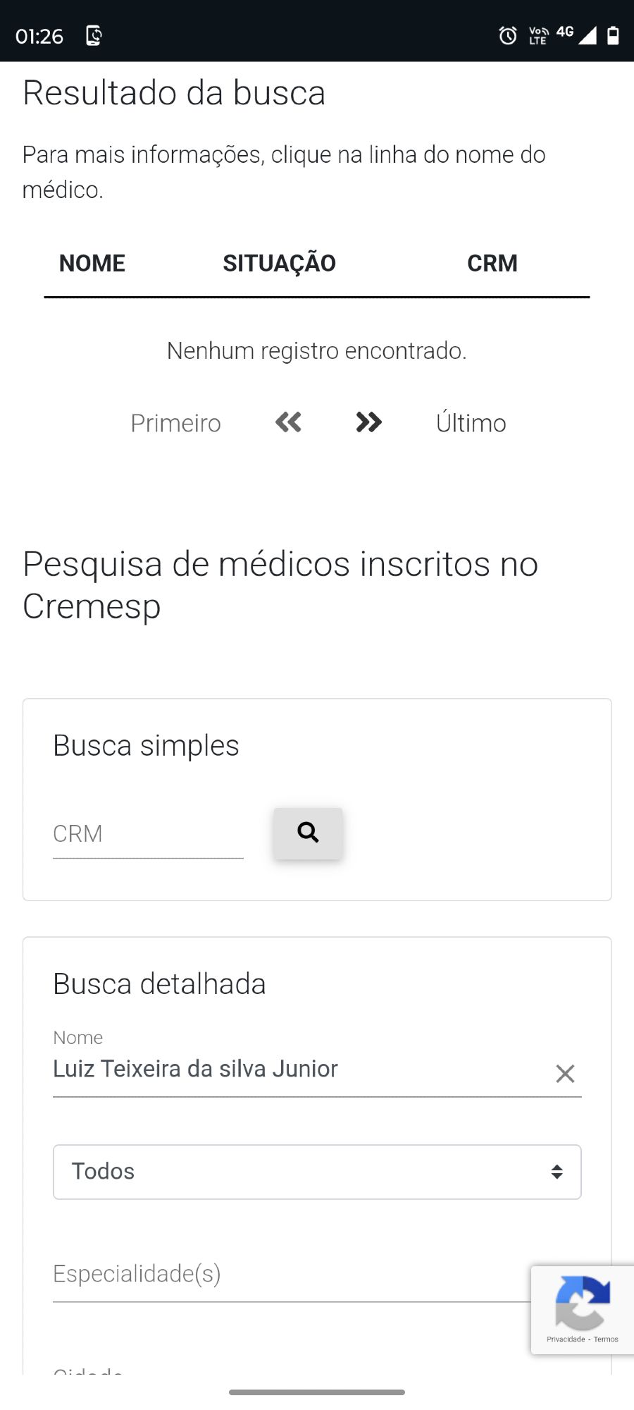 Tela da busca por "Luiz Teixeira da Silva Junior" no site do CREMESP.
Não apareceram quaisquer nomes cadastrados