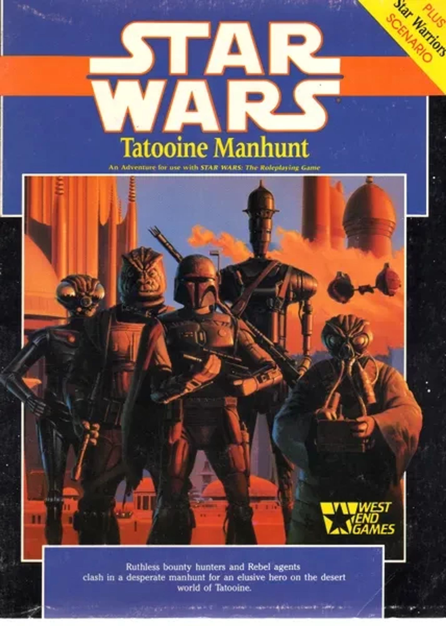 The cover of the West End Games Star Wars RPG adventure module Tatooine Manhunt. It depicts a group of alien and droid figures posing on Cloud City.