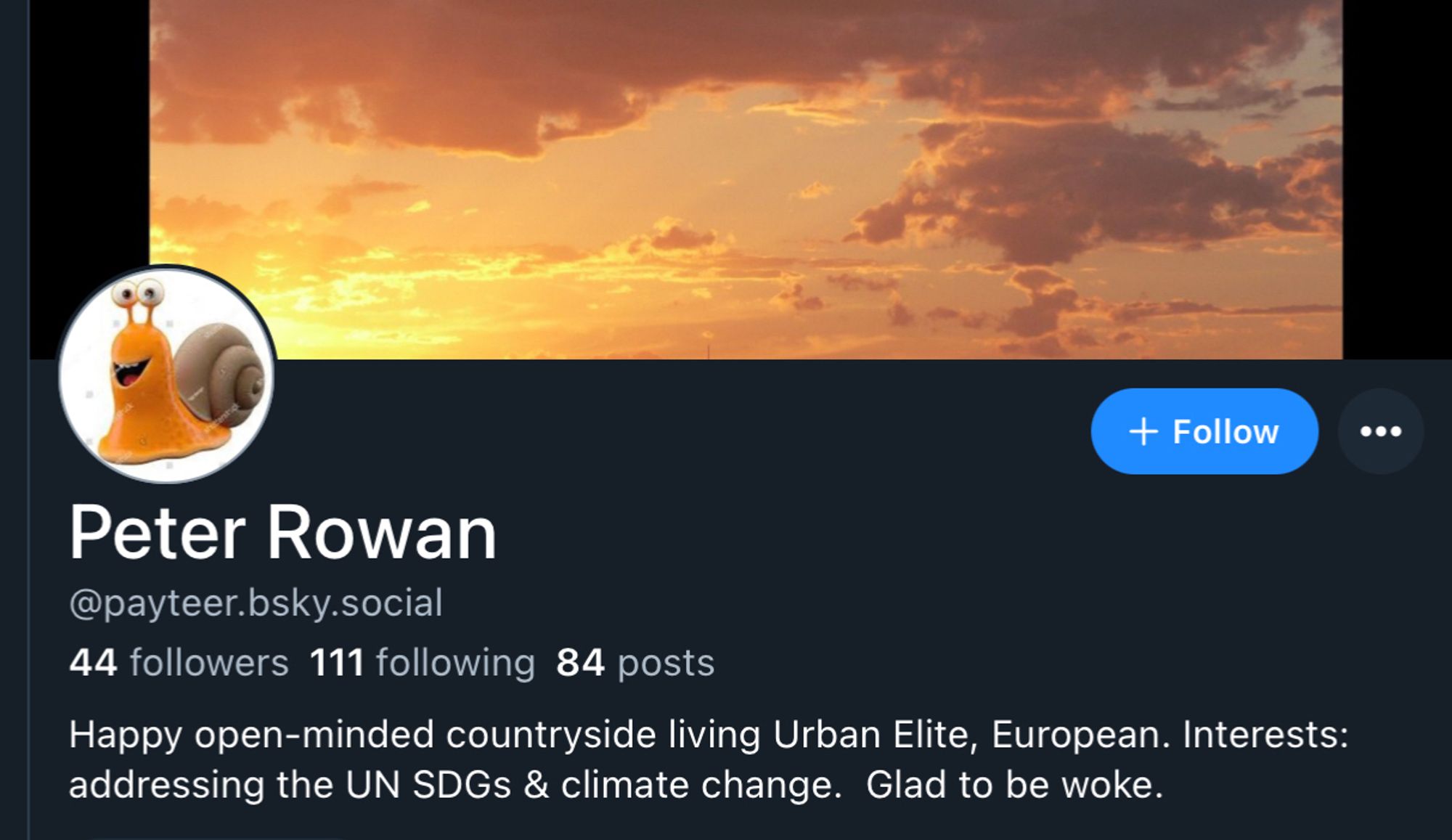 Peter Rowan, some snail with 44 followers, following 111, 84 posts. Bio reads (ahem): Happy open-minded countryside living Urban Elite, European. Interests: addressing the UN SDGs & climate change. Glad to be woke