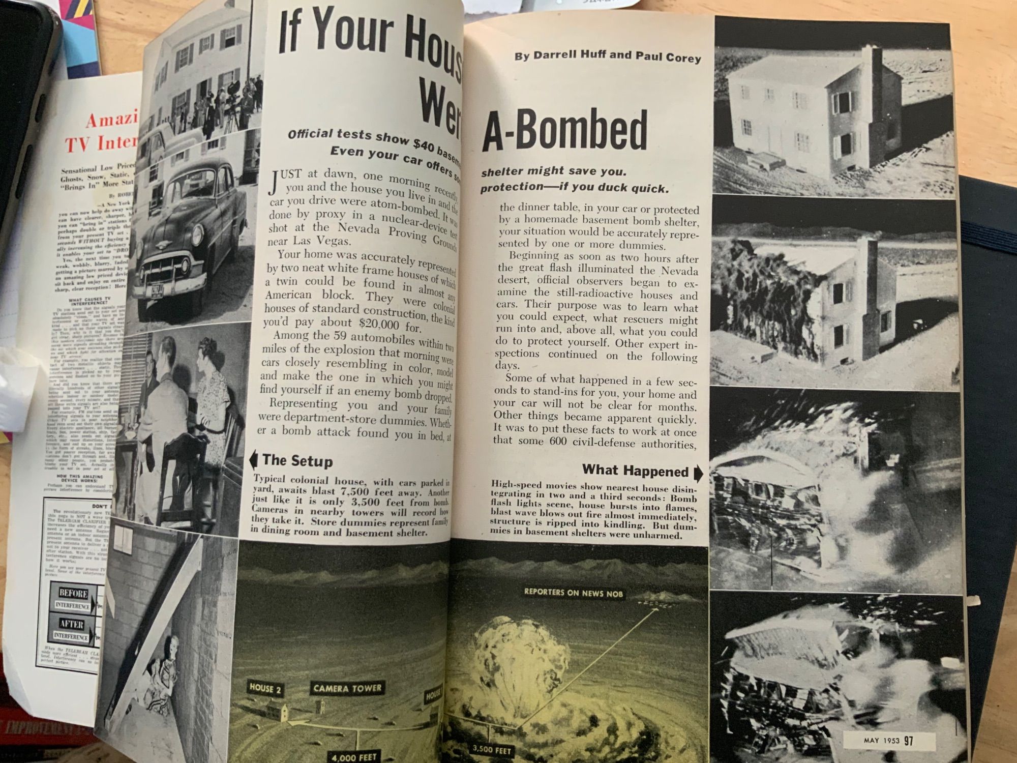 2 page spread from an article in the May 1953 issue of Popular Science, titled "If Your House Were A-Bombed" . Subheads read "Official tests show that a $40 basement shelter might save you" and "Even your car offers some protection -- if you duck quick". the article describes, and features several photos from, the atomic bomb tests where they bombed a prop town, mannequins, cars, etc.