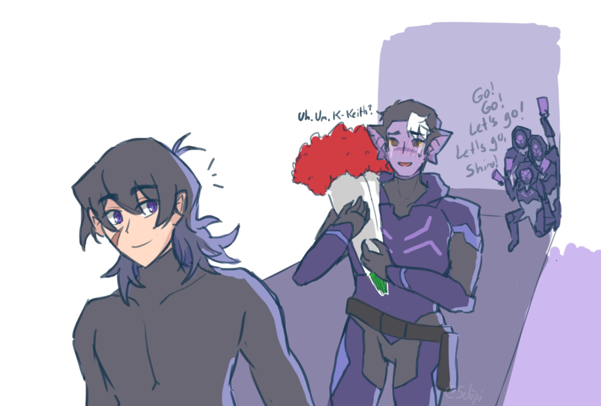 Galra Blade Shiro shyly approaches Keith to give him a bouquet on his birthday. In the background other Blades are cheering him on.