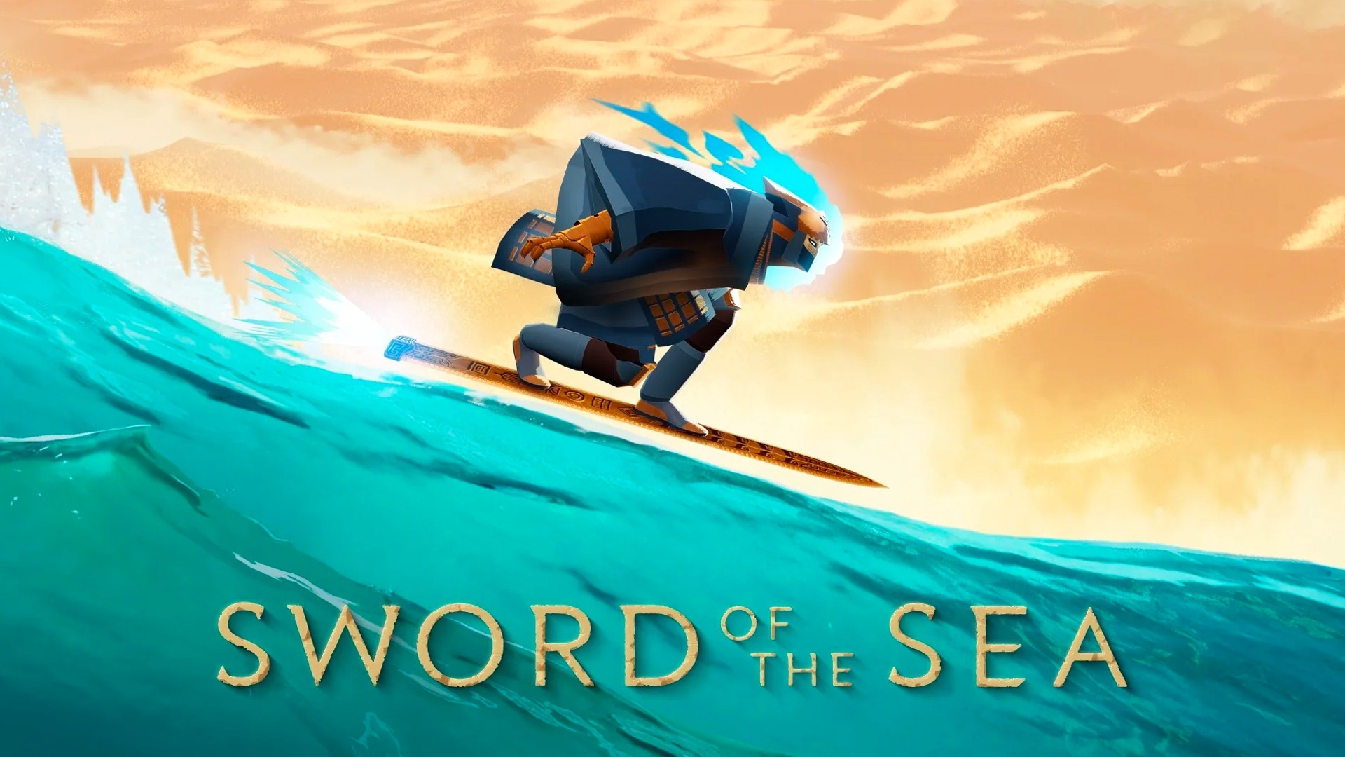 Imagem de uma figura com trajes longos e máscara, com energia azul brilhando na cabeça como fogo, surfando em um mar azul em cima de uma espada dourada, com um deserto atrás dele. O título está embaixo, no mar: Sword of the Sea
