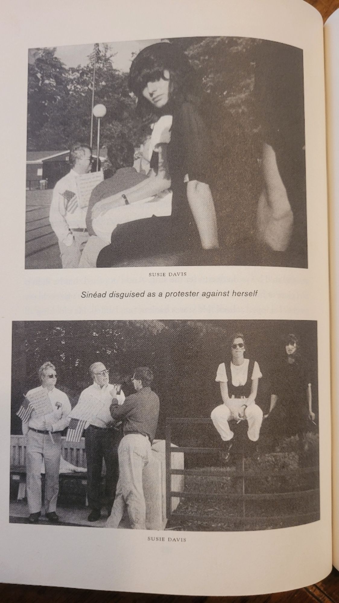 young Sinéad O'Connor incognito wearing a wig at a protest against herself following calling out the pope on snl