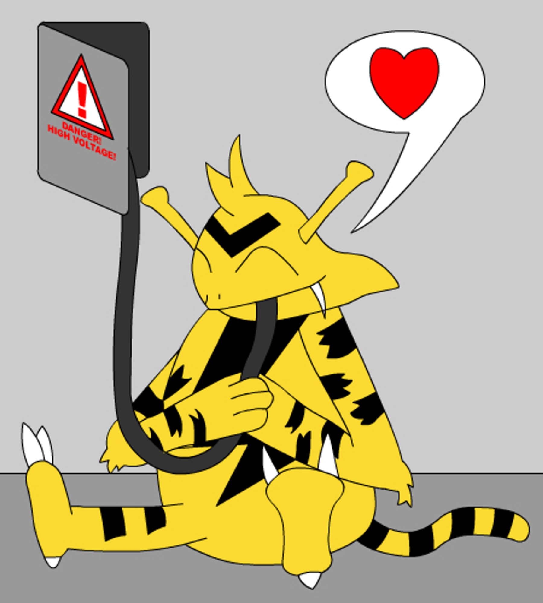 An Electabuzz pokemon sitting on the ground with a wire from a circuit box in its mouth, smiling with a <3.