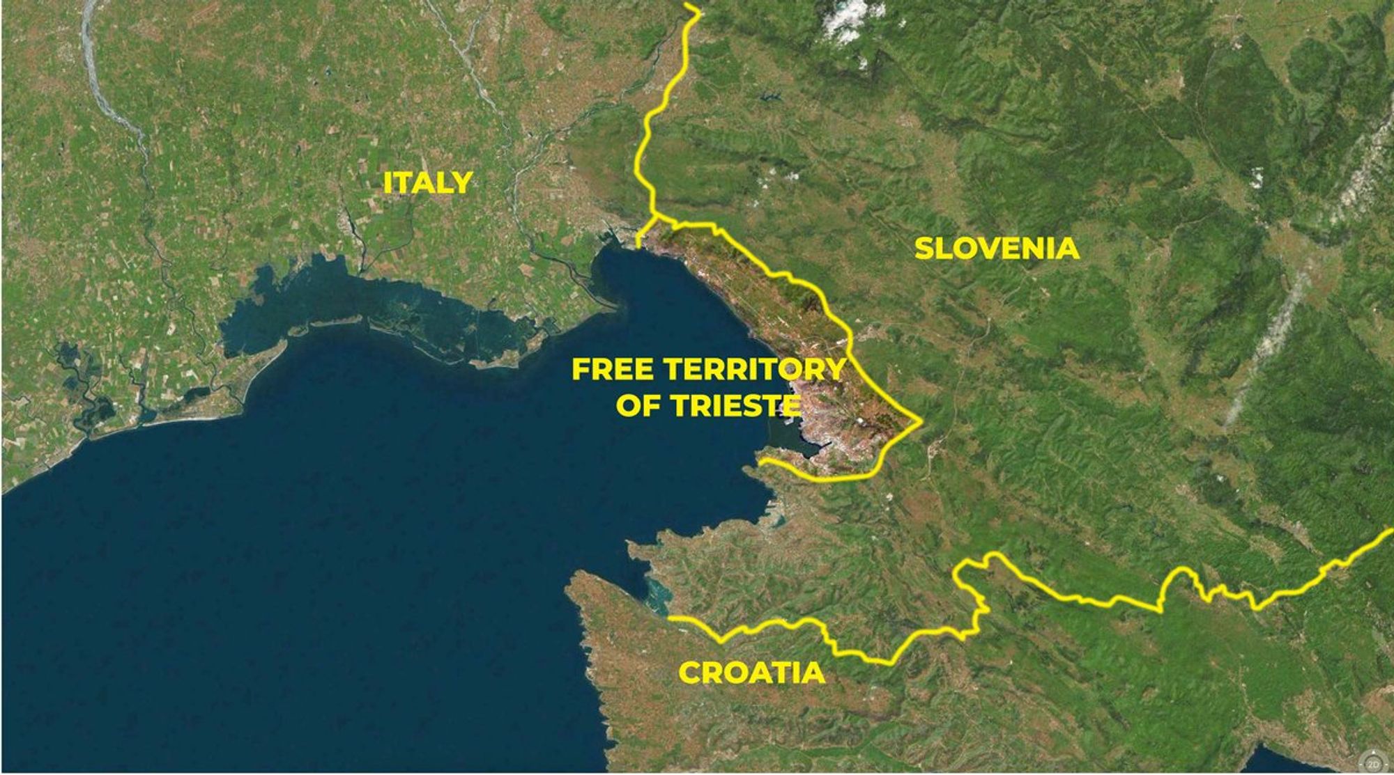 The present-day Free Territory of Trieste borders Italy and Slovenia.