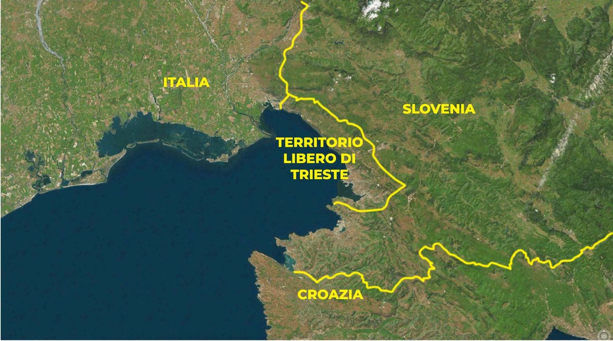 L'attuale Territorio Libero di Trieste - TLT confina con l'Italia e con la Slovenia.