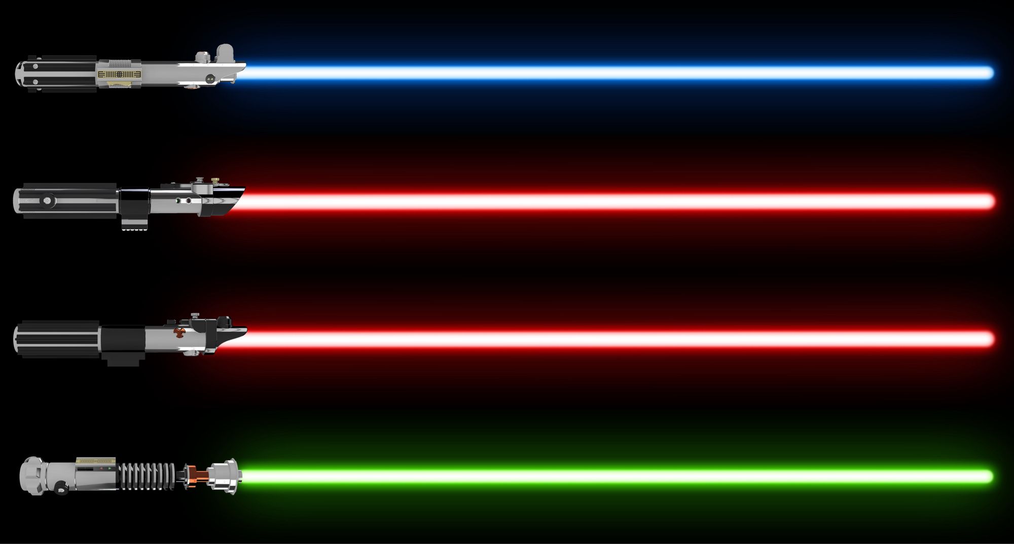 Top to bottom:
- The Skywalker (Graflex) lightsaber by Anakin, Luke Rey (Ep. III-IX)
- Darth Vader’s primary (MPP Flash), combined Anakin’s Ep. II with Vader’s Ep. IV-V
- Vader’s secondary (Graflex), combined his Ep. VI with small details from Ep. III
- Luke’s Ep. VI, combined with small details from Obi-Wan’s Ep. III and D+ series