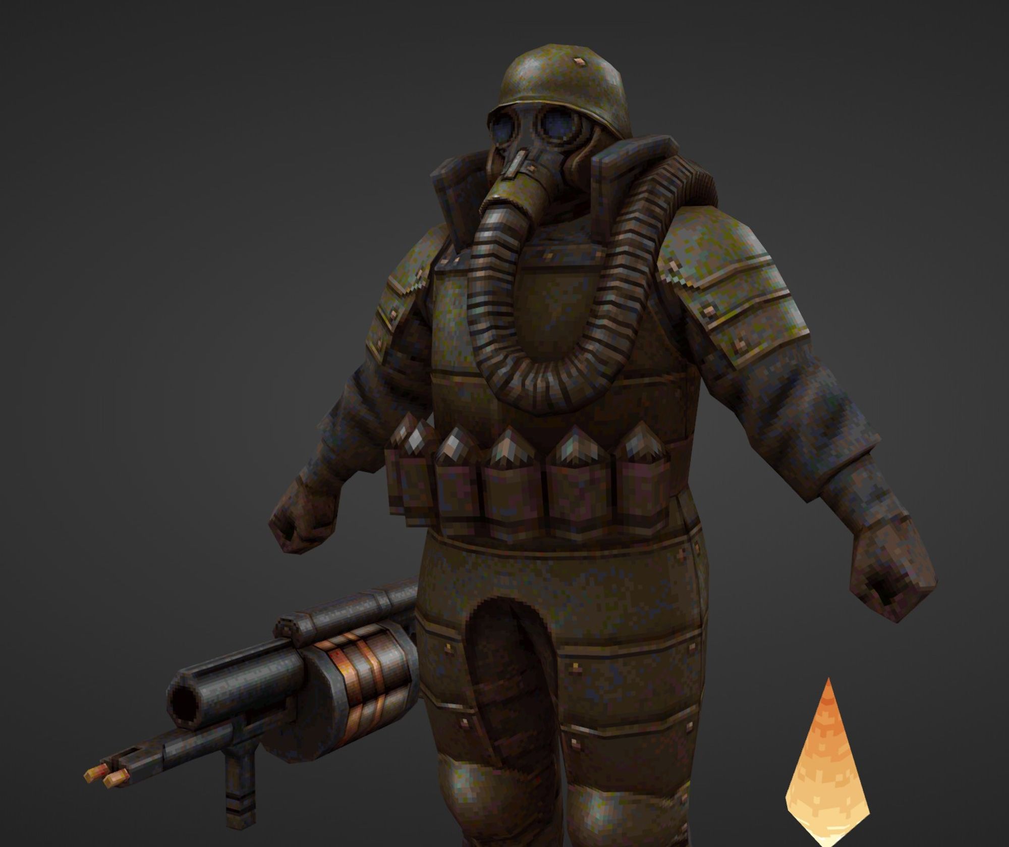 screenshot of retro gameart character: ogre replacement, military looking armor with gas mask and grenade launcher