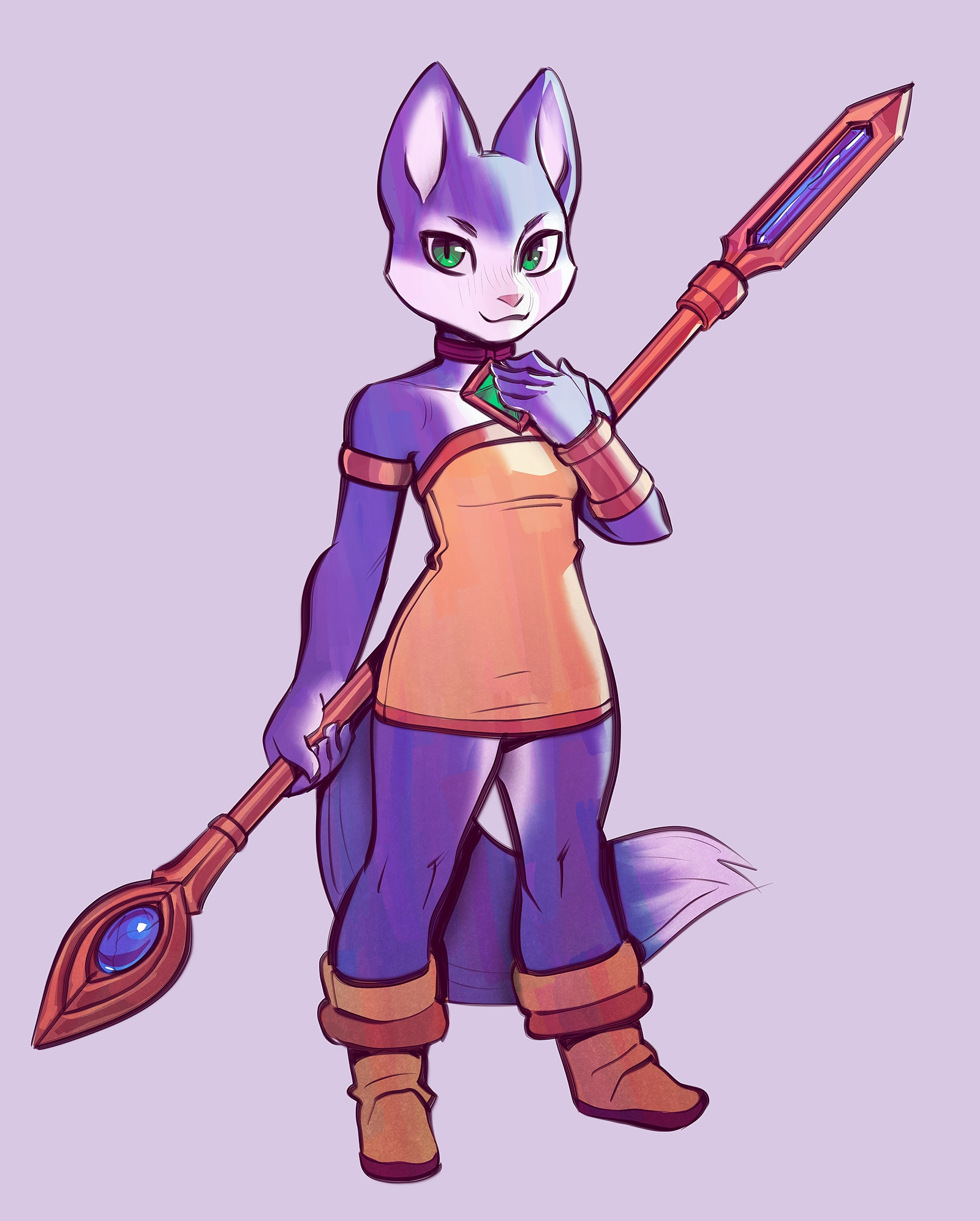 a blue anthropomorphic cat in warm lighting. she's wearing a yellow soft leather slip dress, an arm ring, and a bracer, as well as a choker with a large emerald attached to it, which she's touching with one hand. her eyes are green too. she's holding a long bronze staff with a blue gem embedded into it at either end. one of the ends is shaped like a blade.