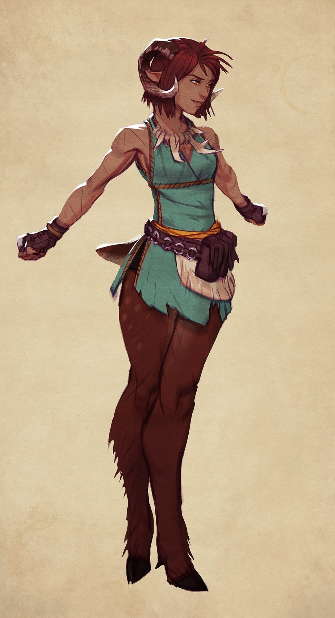 character design of a faun woman, standing in slight back-stretching pose