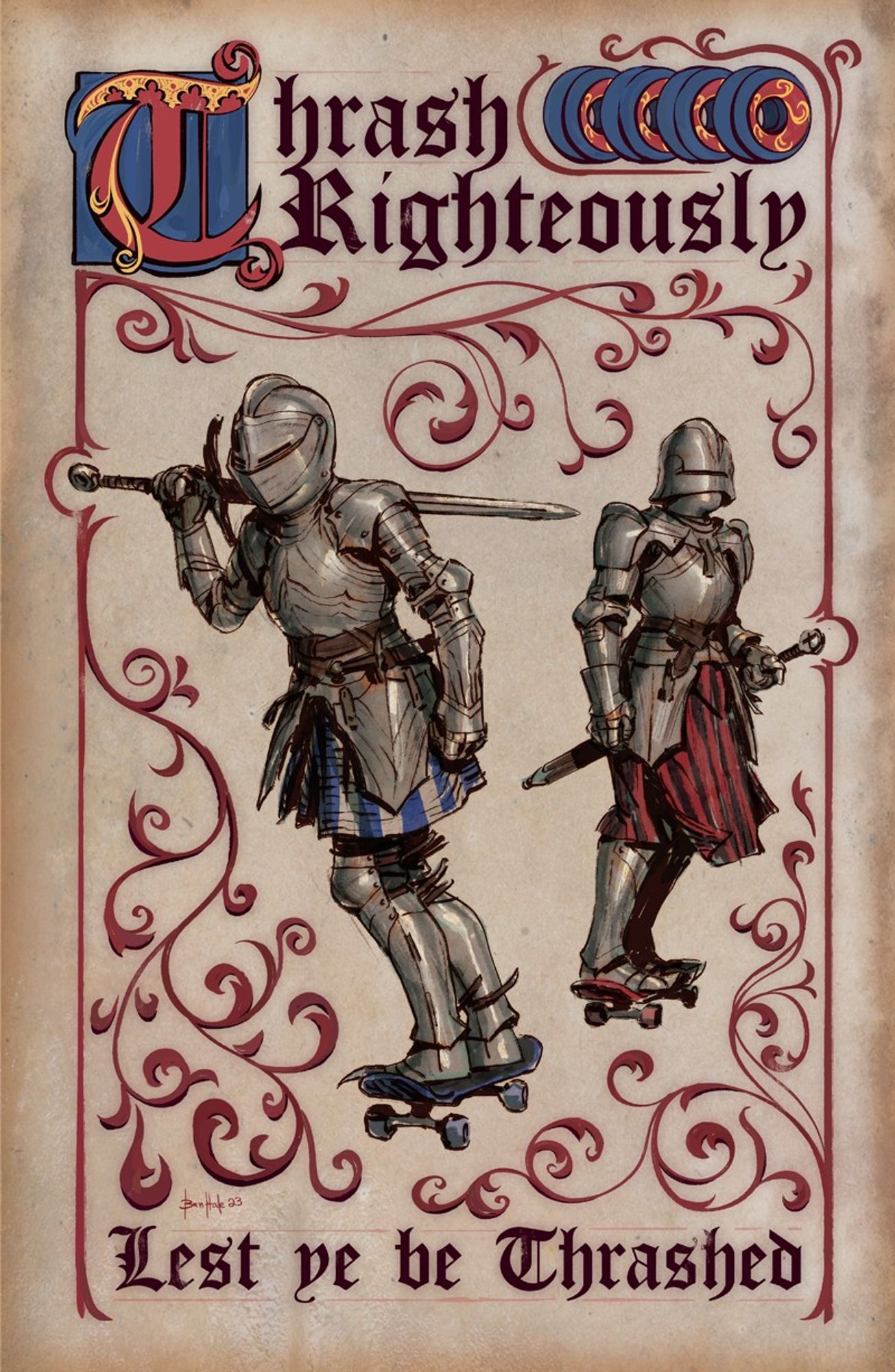 illuminated text with two knights riding skateboards, text reads "thrash righteously, lest ye be thrashed"