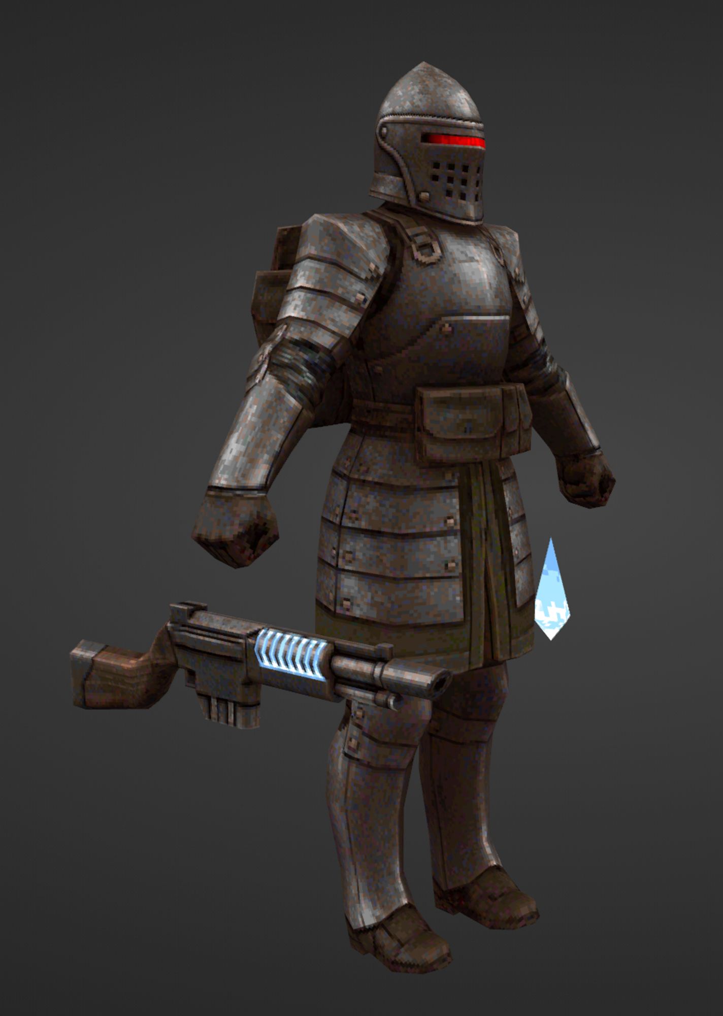 screenshot of retro gameart character: enforcer from quake, in medieval looking armor and some light tech such as a plasma gun