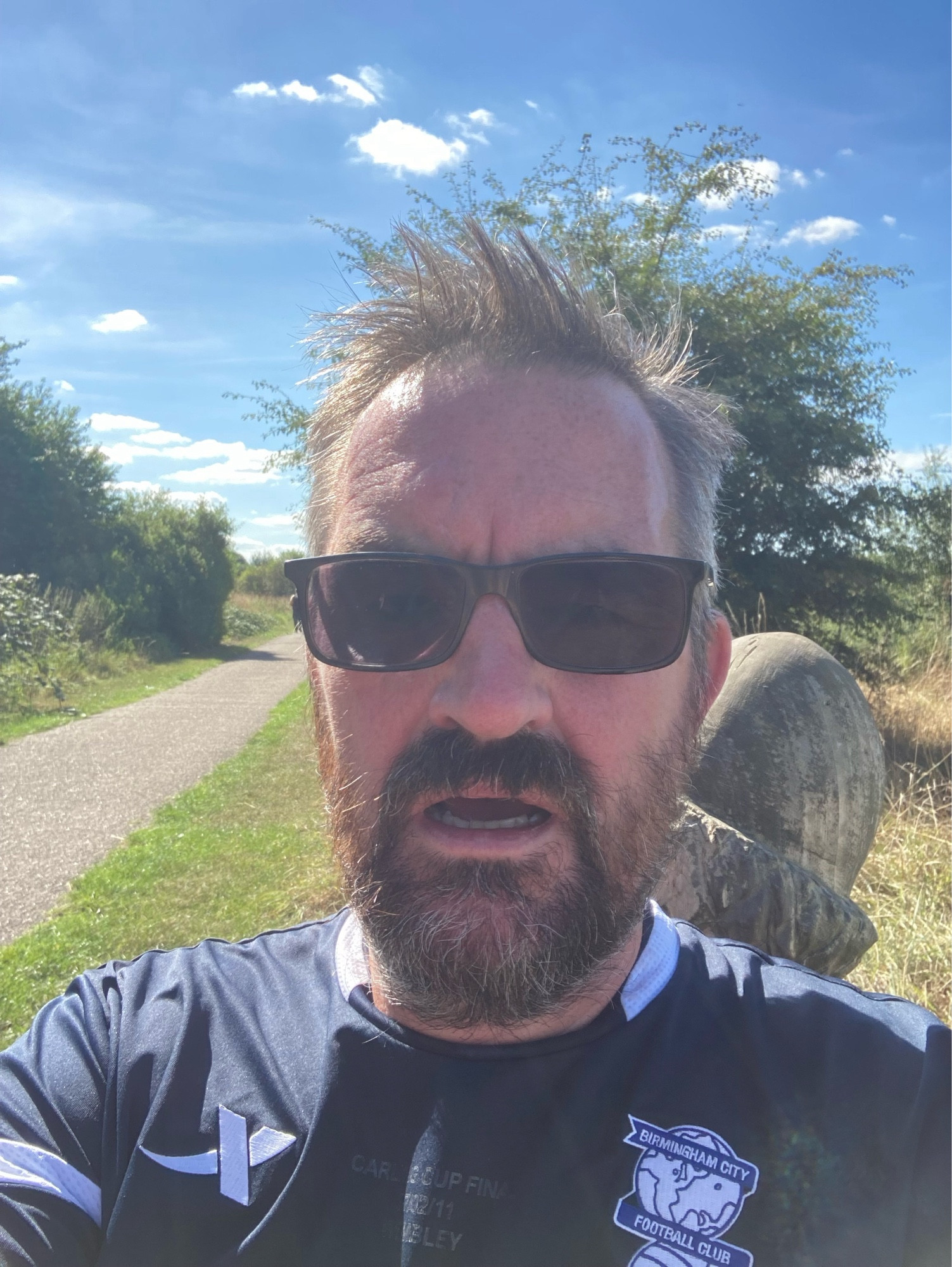 A sweaty, bearded man in glasses and a Blues shirt sits panting on an elaborately carved bench.