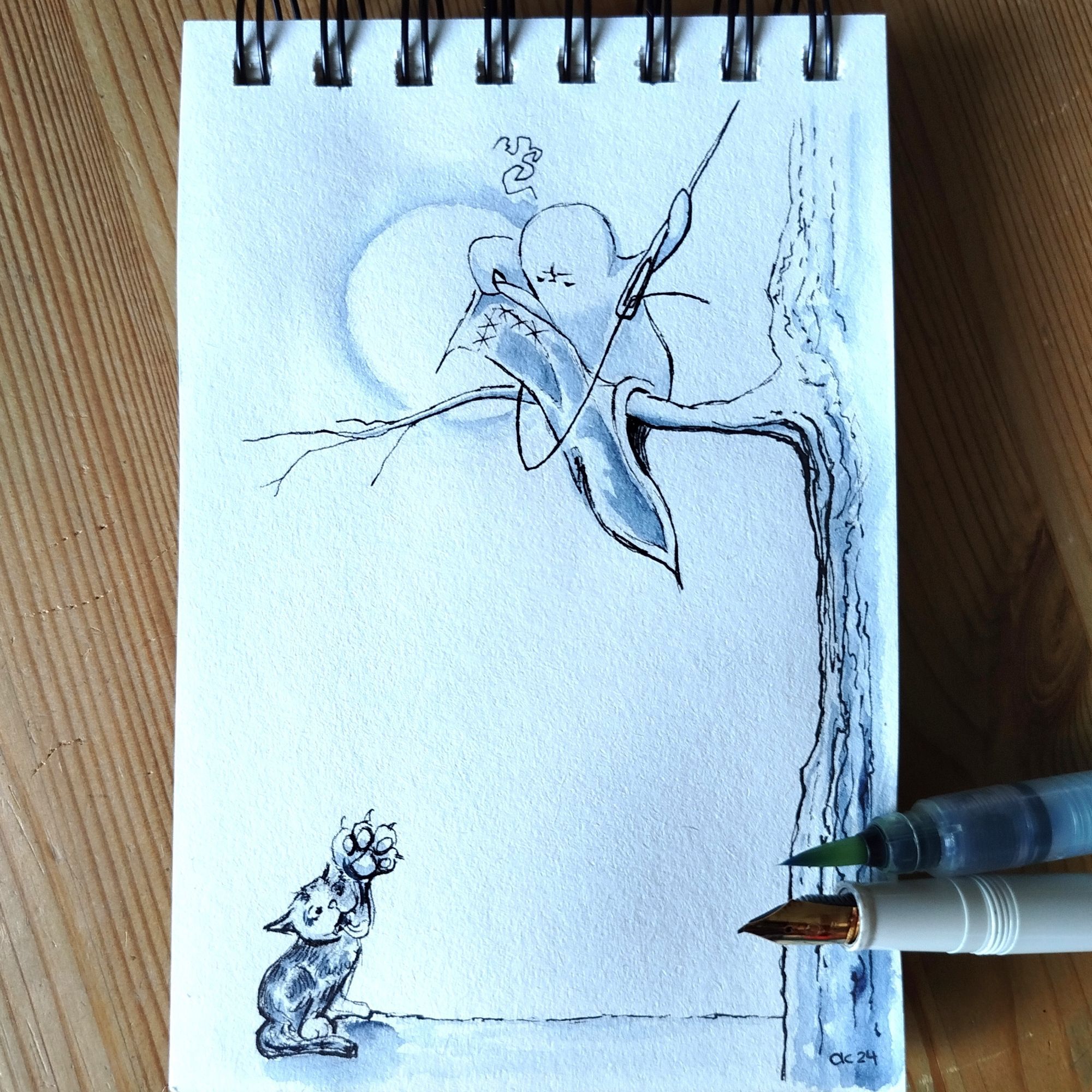 Little ghostie is sitting on a branch mending a bit angry. Cat is not amused.