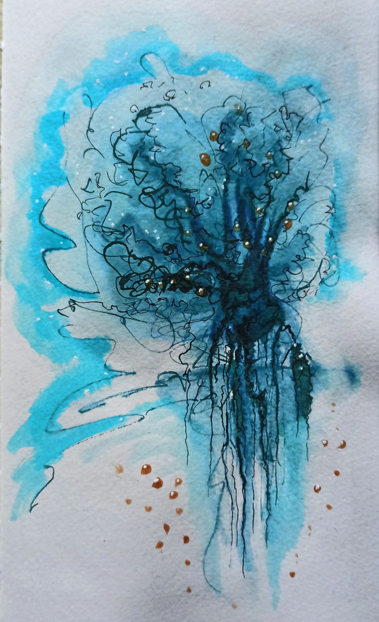 Türkisfarbene, grünblaue, schwarze und golde Tinte auf Aquarellpapier.