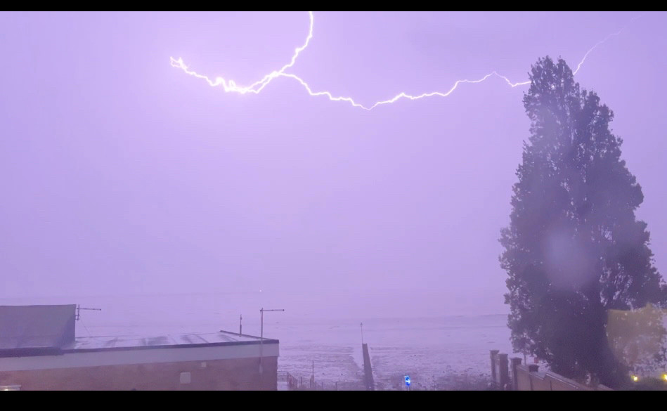 A freeze frame of a lightning bolt horizontal across the sky with the appearance of striking the top of the tall tree
