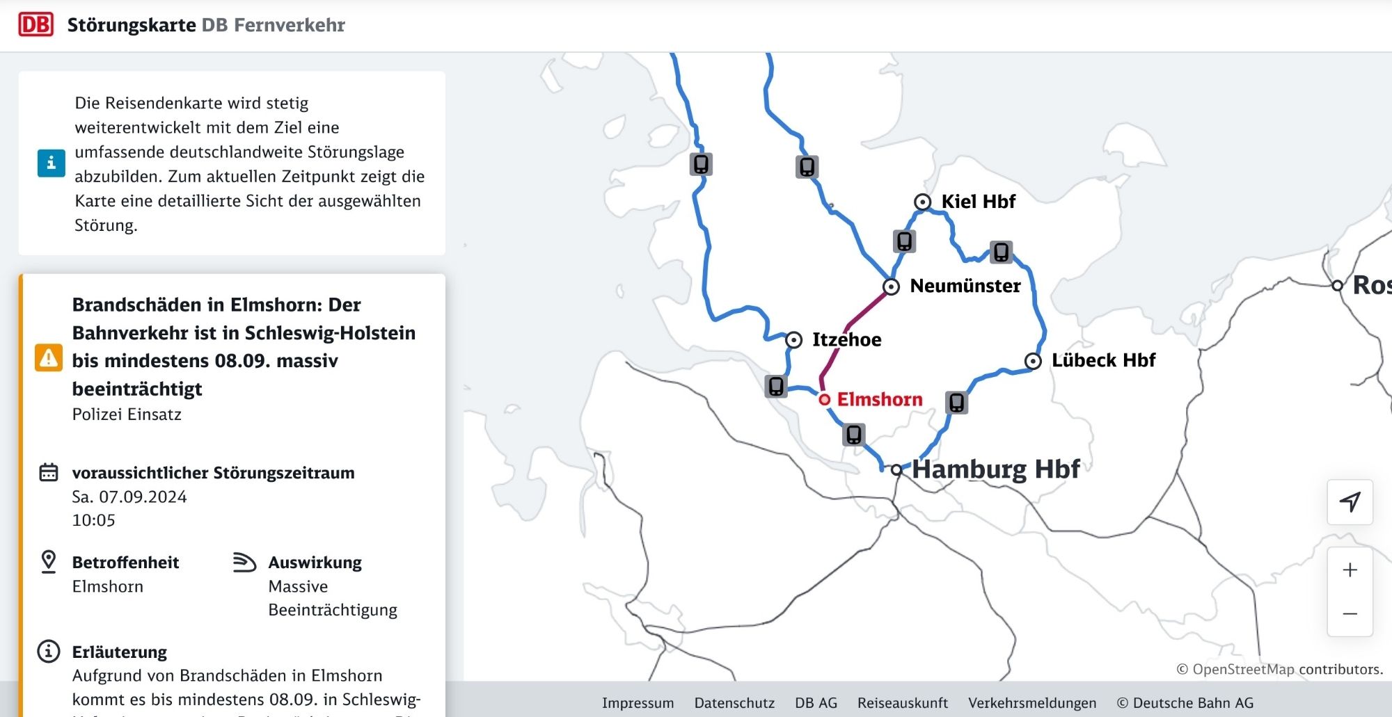 Störungsmelder der Bahn. Man sieht das Streckennetz und eine massive Störung bei Elmshorn. Diese wirkt sich auf die Hauptstrecken nach Kiel oder Flensburg (über Hamburg) aus. Es wird empfohlen, über Lübeck auszuweichen.