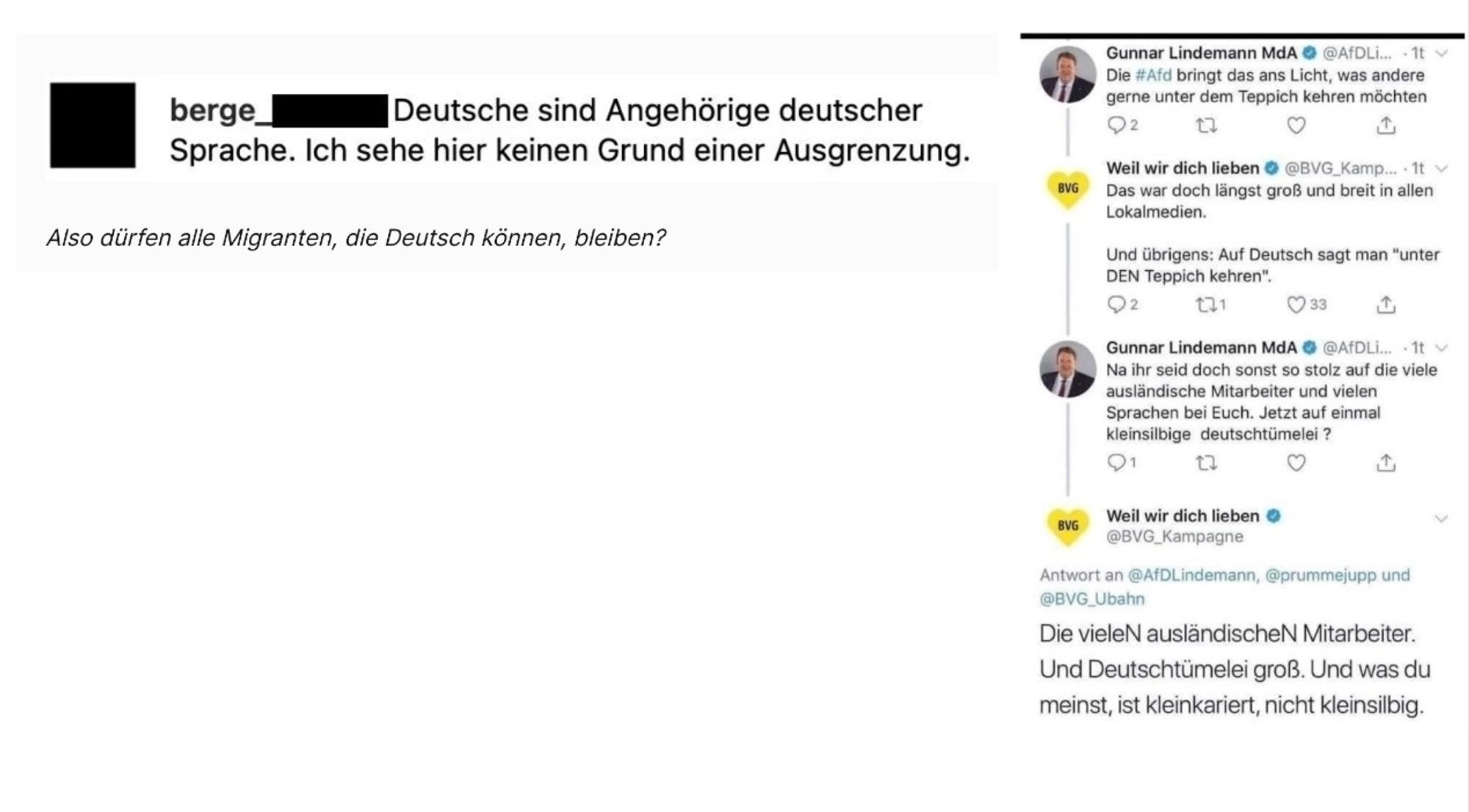 2 Kommentare aus sozialen Medien

Im ersten Kommentar erklärt ein AfD-Wähler: "Deutsche sind Angehörige deutscher Sprache"

Der zweite Kommentar ist von dem AfD-Politiker Gunnar Lindemann und strotzt nur so vor Rechtschreibfehlern und falschen Wörtern.