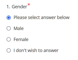 A screenshot of a survey question about gender.  The four radio buttons are "Please select answer below," "Male," "female," and "I don't wish to answer."  The survey-taker has selected "Please select answer below" as her gender.