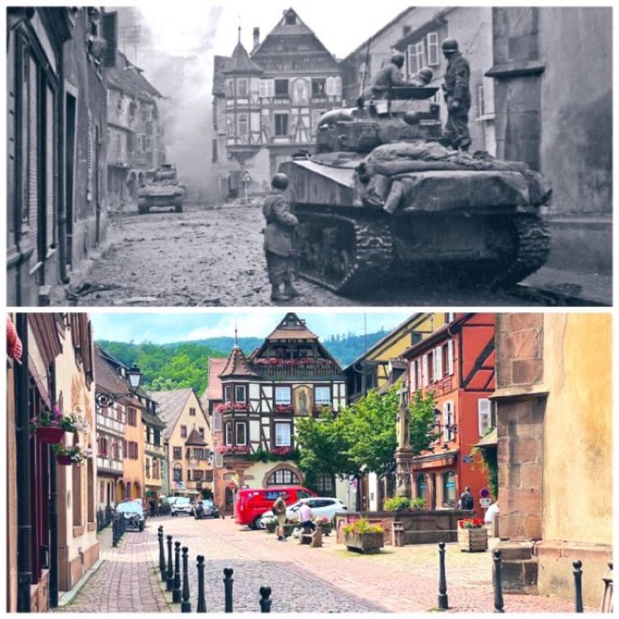 Split screen:
Top/Before: WWII Black and white pic w American liberating a European village square, batlle strewn damage everywhere.
Bottom/After: Color picture modern day picture ofsame square. A ranquil, idyllic walkable area w blue skies in the background. The area now has a fountain and trees, bollards protect the sidewalk.