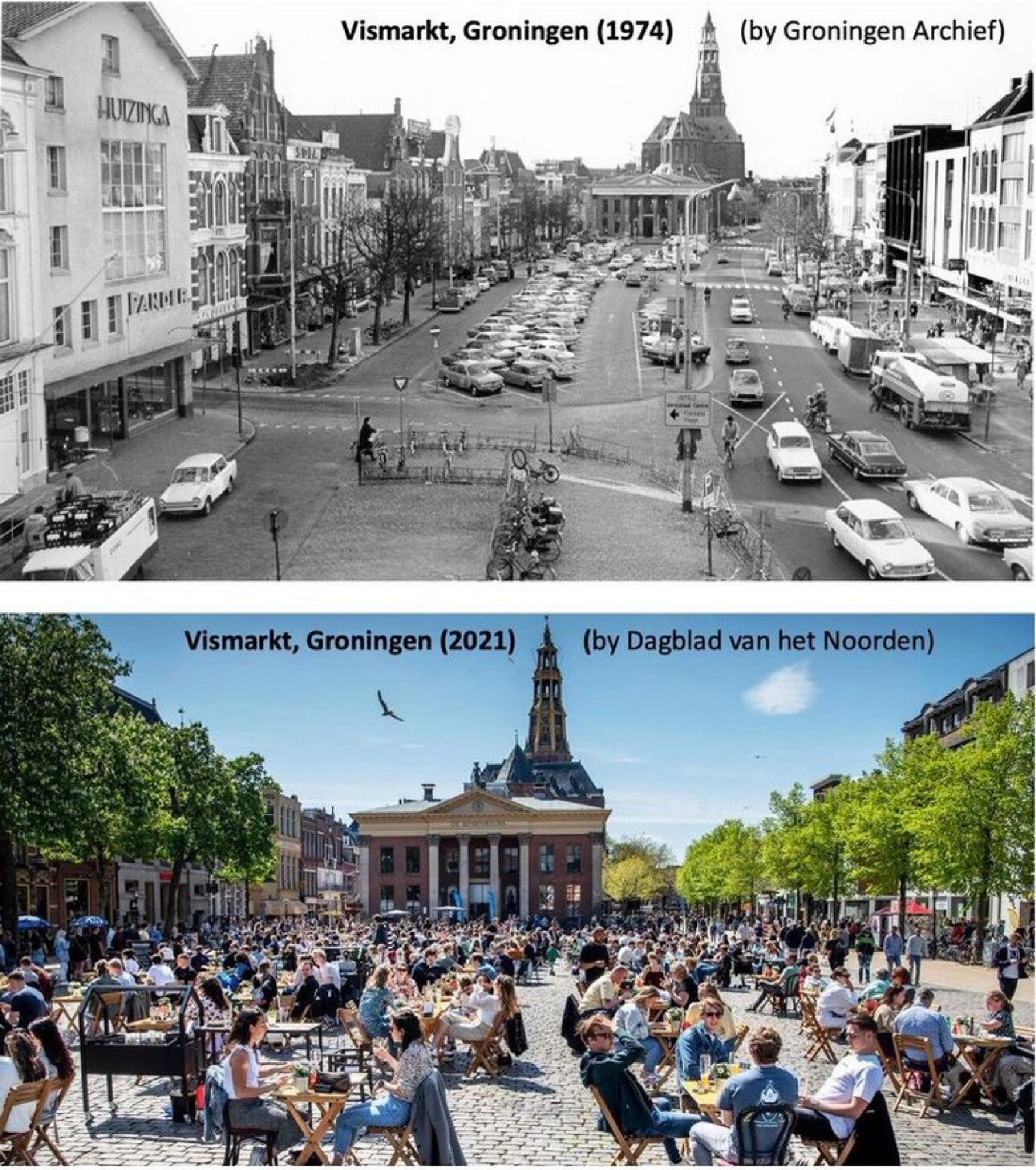 Before and After split pic:
Top- Black and white pic shows a plaza packed w cars and people negotiating between them, miserable and dangerous
Bottom- In color, no cars, same plaza is packed w people sitting, eating, socializing, blue sky in the background