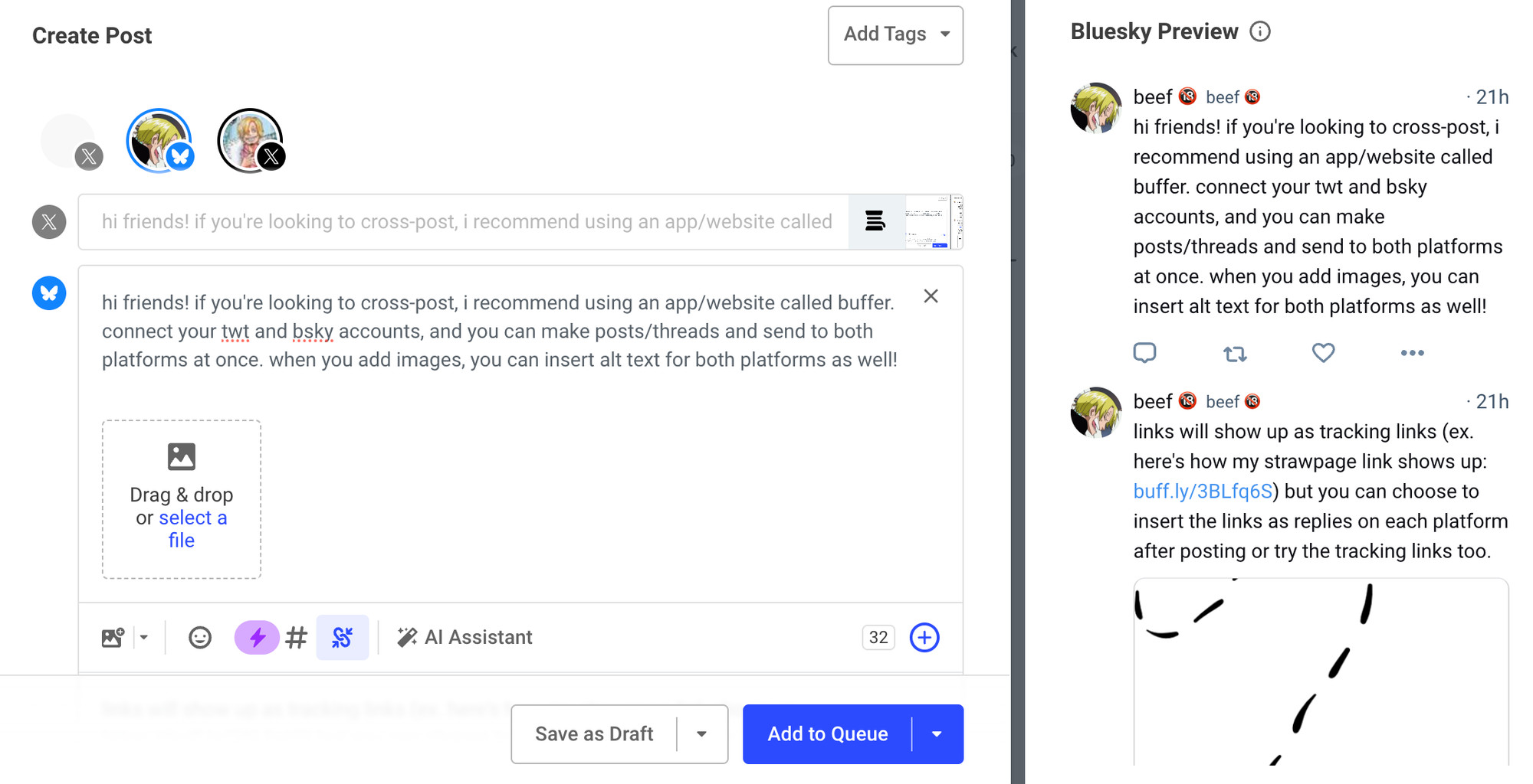 a screenshot of the buffer interface showing the draft for this post and a preview of what the post will look like on twitter/bsky 