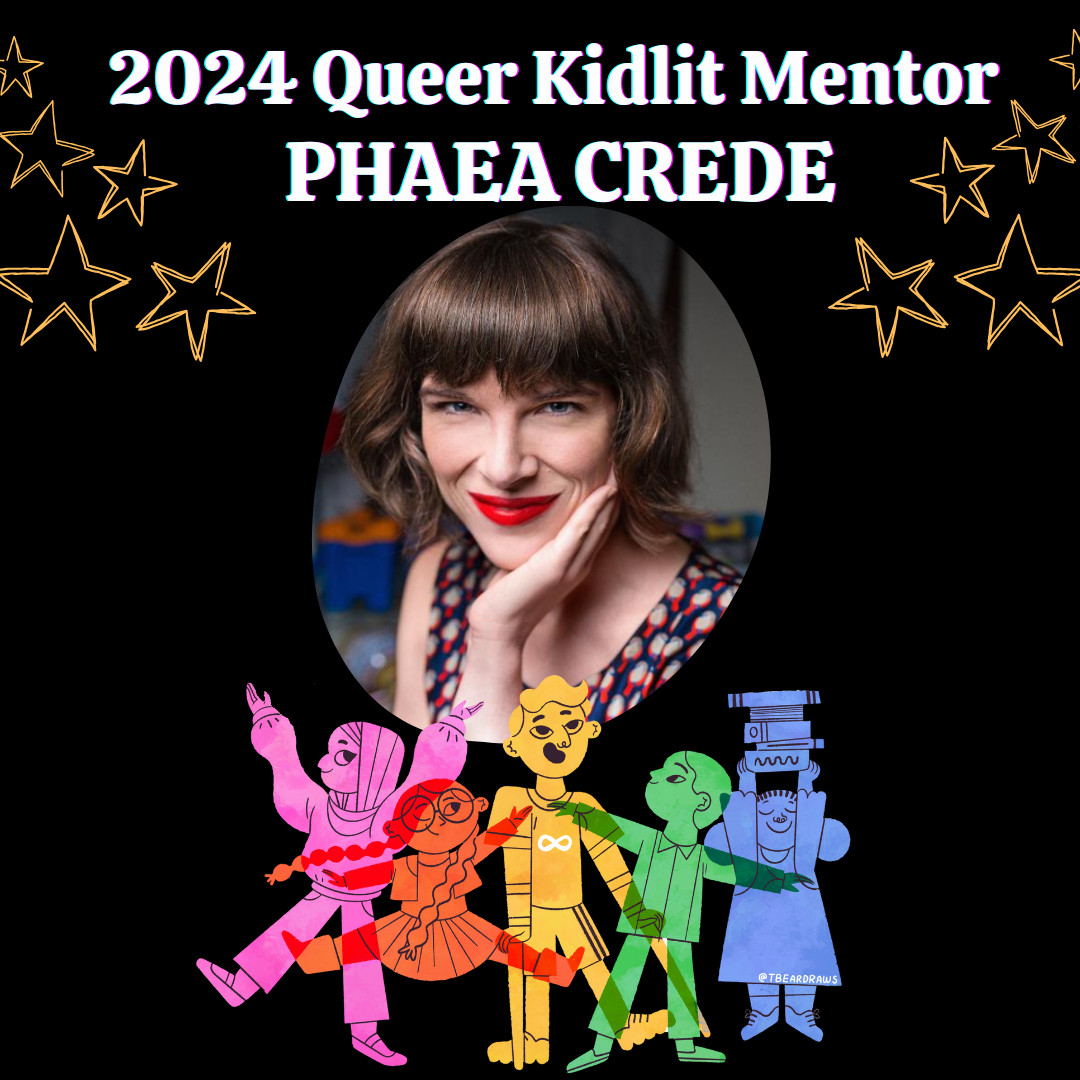 2024 Queer Kidlit Mentro Phaea Crede black background and yellow stars and illustrations of rainbow kids overlapping at the bottom (illustrated by @tbeardraws )