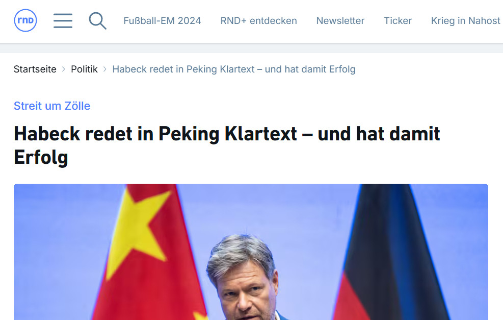 RND-Schlagzeile:
"Streit um Zölle:
Habeck redet in Peking Klartext – und hat damit Erfolg"