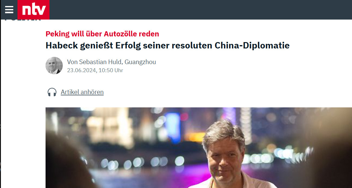 ntv-Schlagzeile: Peking will über Autozölle reden - Habeck genießt Erfolg seiner resoluten China-Diplomatie