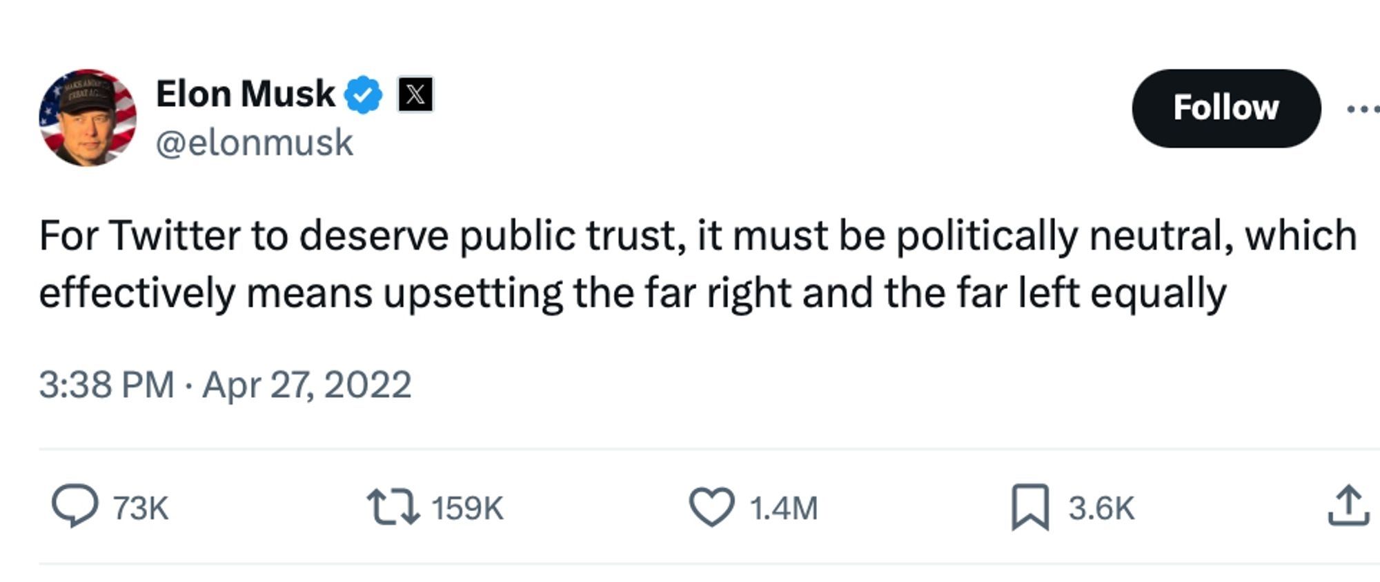 Elon Musk tweet from April 27,2022 where he says "for Twitter to deserve public trust, it just be politically neutral, which effectively means upsetting the far right and the far left equally". Spoiler: the far right would not be upset.